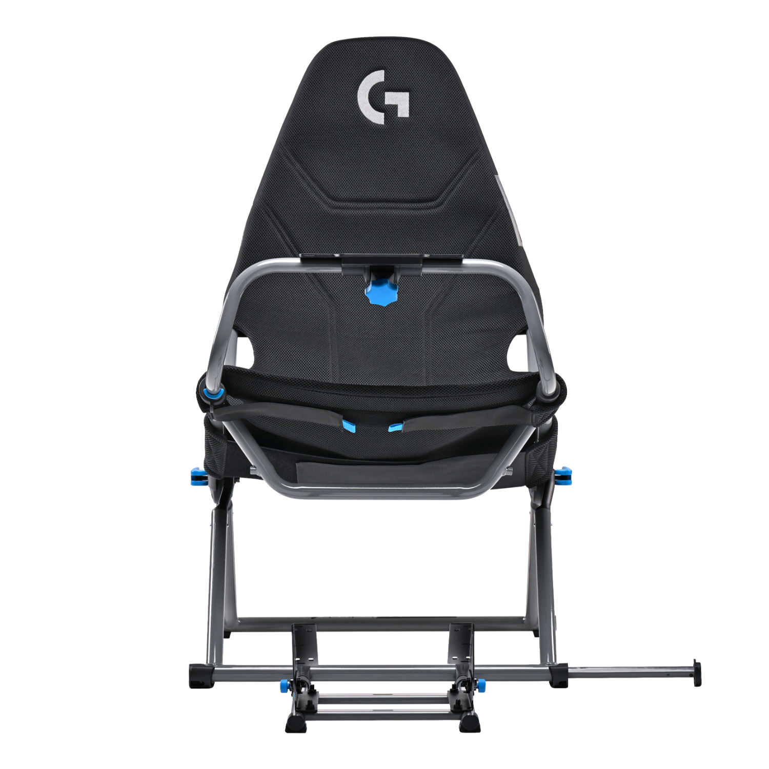 Schwarzer Gaming-Stuhl mit Netzrücken und Logitech 'G' Logo. Auf weißem Hintergrund. Rückansicht.
