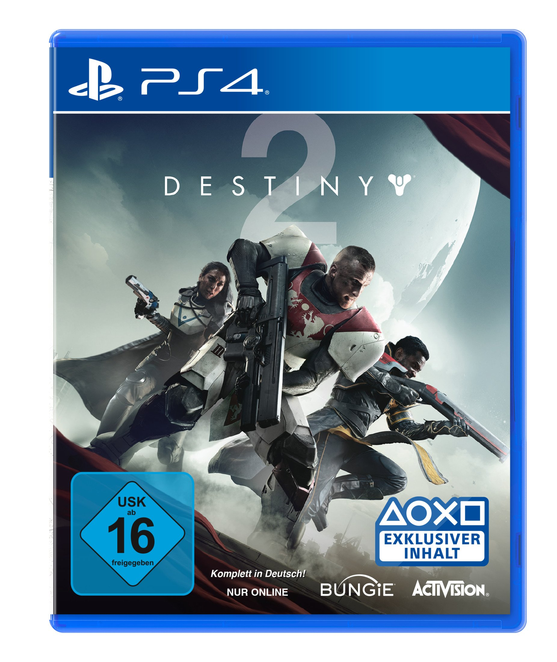 Spielbox-Art für Destiny 2. Drei Charaktere mit Waffen sind auf dem Cover mit einem Raumschiff zu sehen.