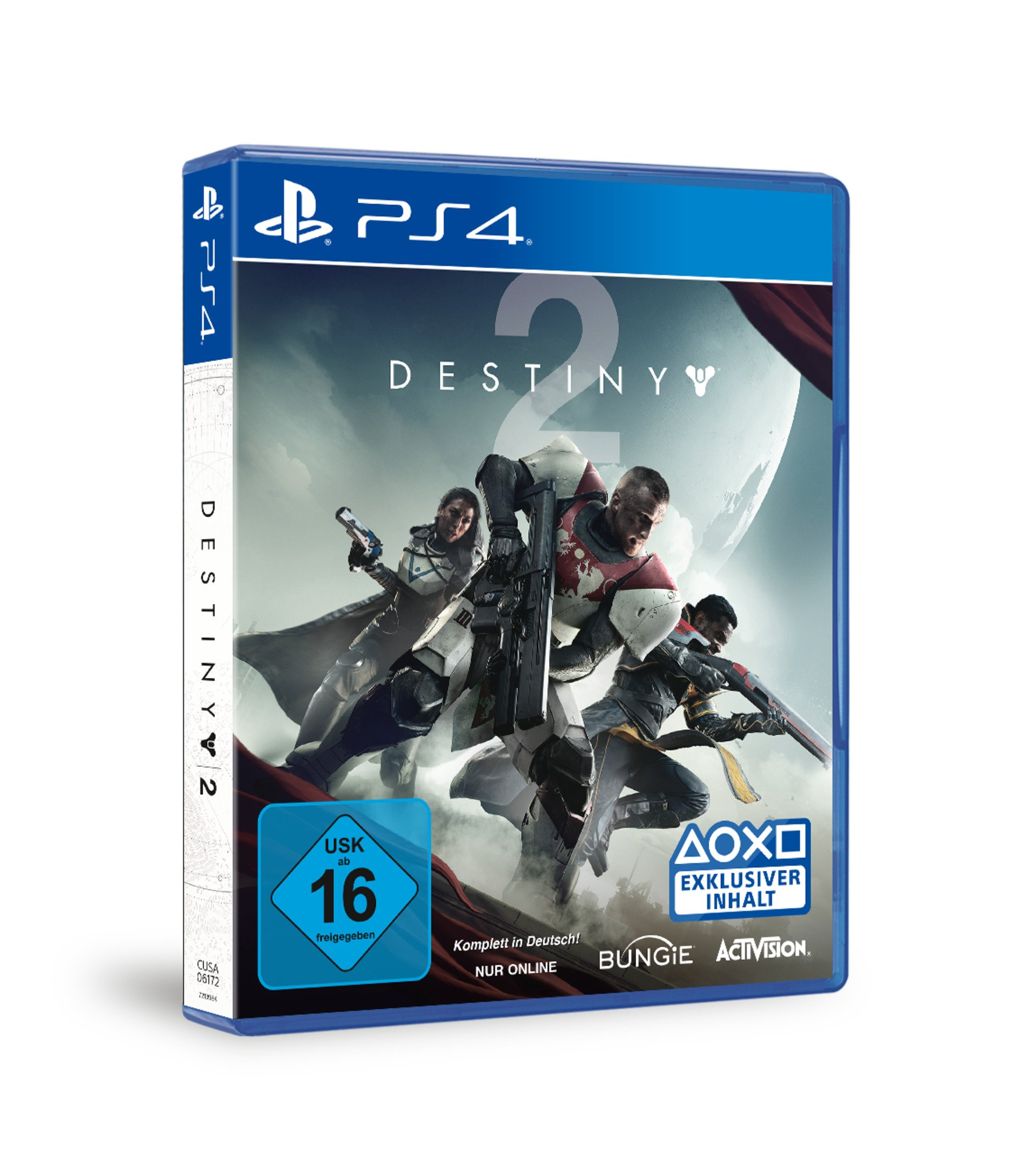 Destiny 2 PS4-Spielbox, mit Charakteren in Rüstung, mit blauem Gehäuse und USK 16-Bewertung.