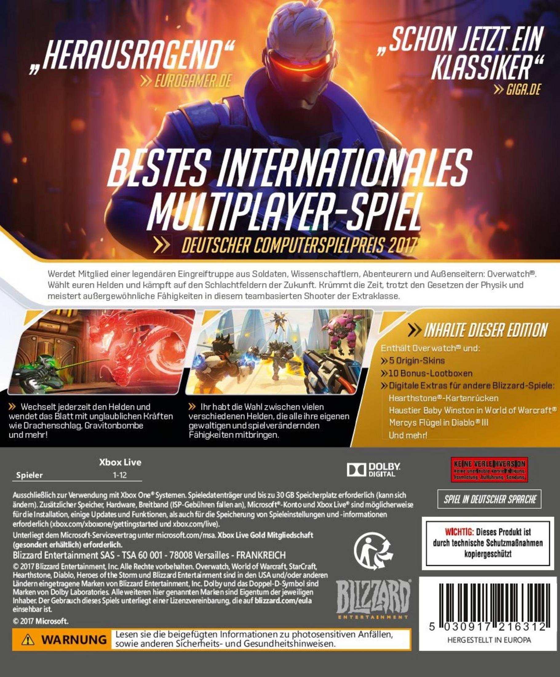 Eine Spielbox mit Text und Bildern. Das Spiel ist Overwatch. Weißer Hintergrund.