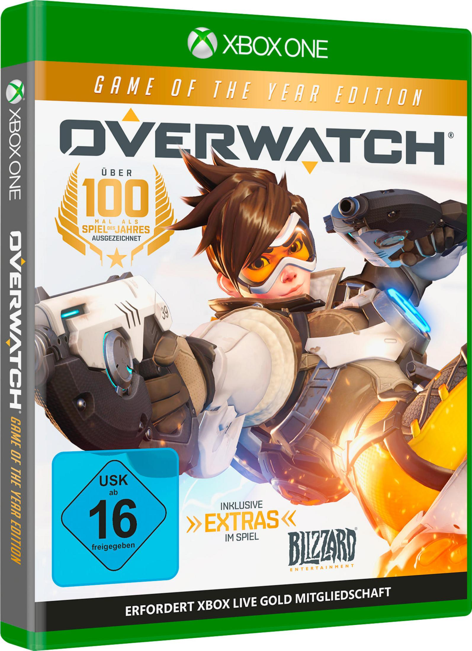 Overwatch Spielbox mit Tracer, Spieltitel und Xbox One Logo.