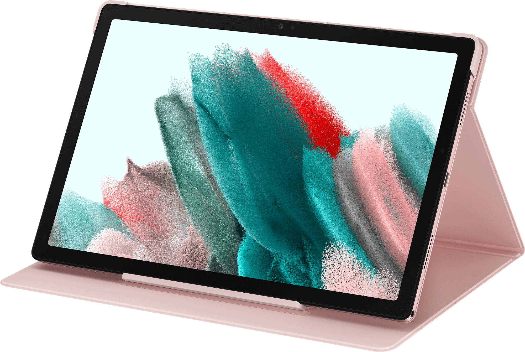 Ein rosa Tablet mit Stift, auf einem rosa Case. Der Bildschirm zeigt ein farbenfrohes Design auf hellblauem Hintergrund.
