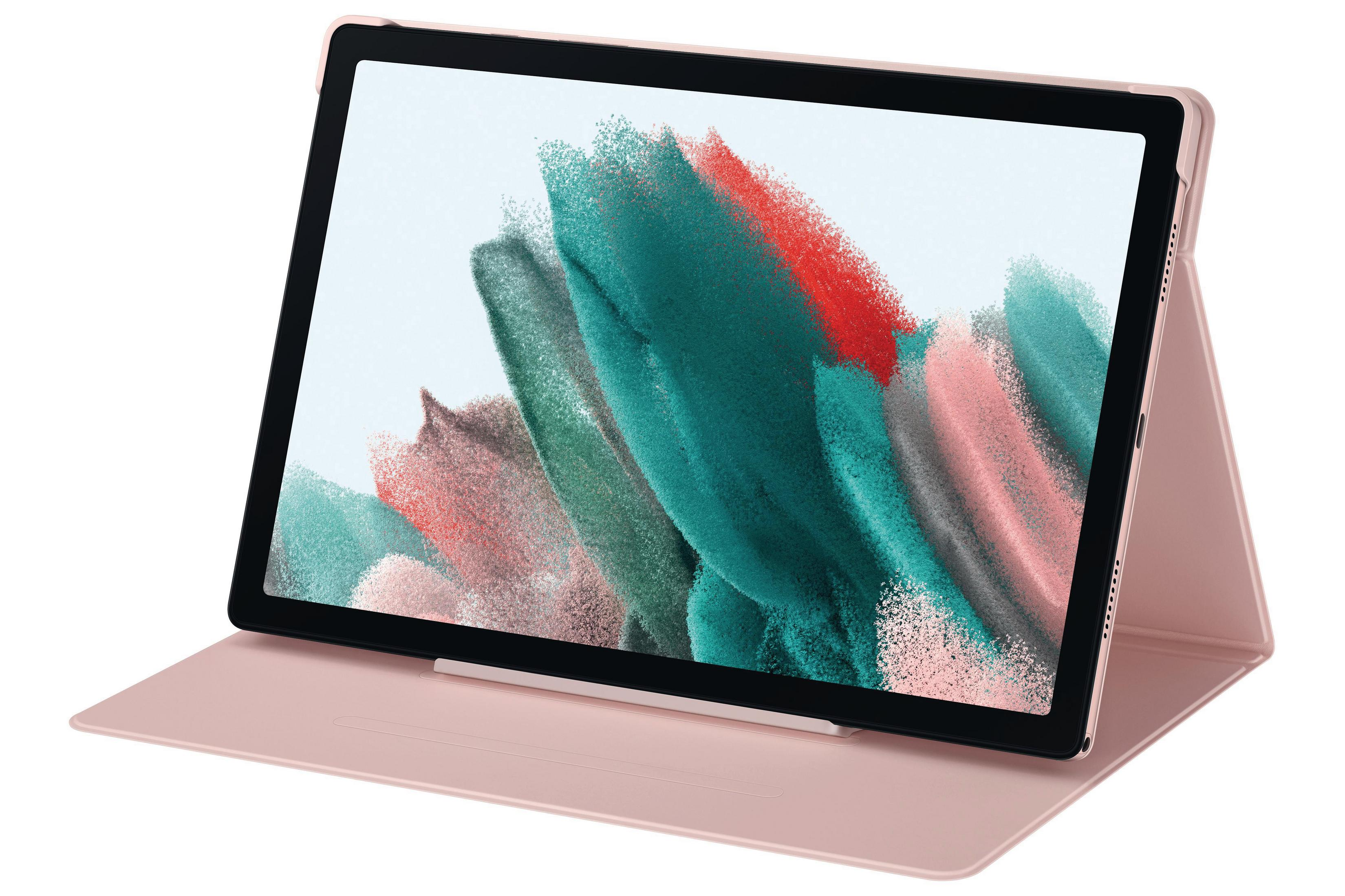 Tablet in einem rosa Etui, geöffnet. Bildschirm zeigt abstrakte Farben. Weißer Hintergrund.
