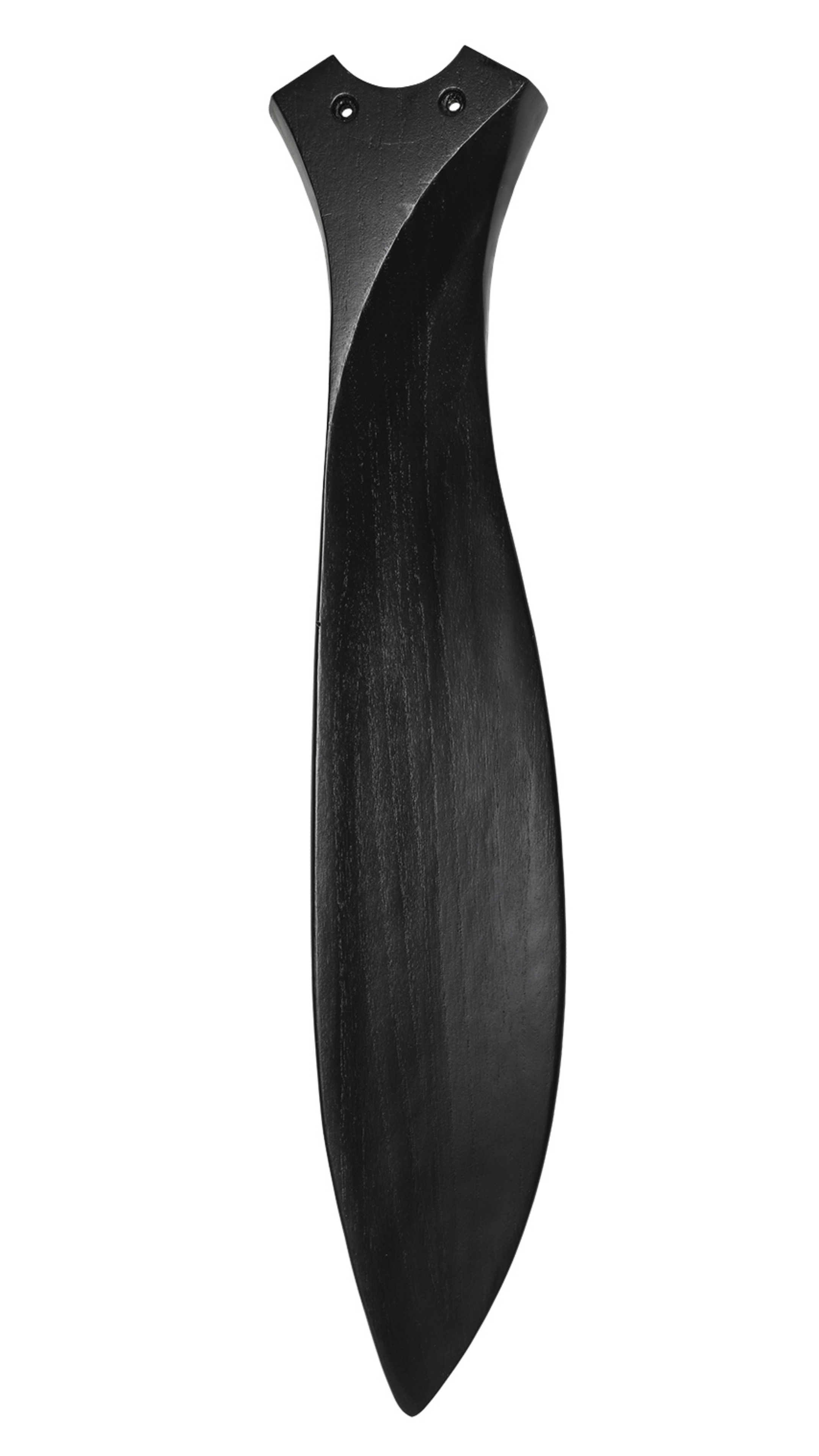 Pala del ventilatore da soffitto nera, curva con un design a torsione, su sfondo bianco.