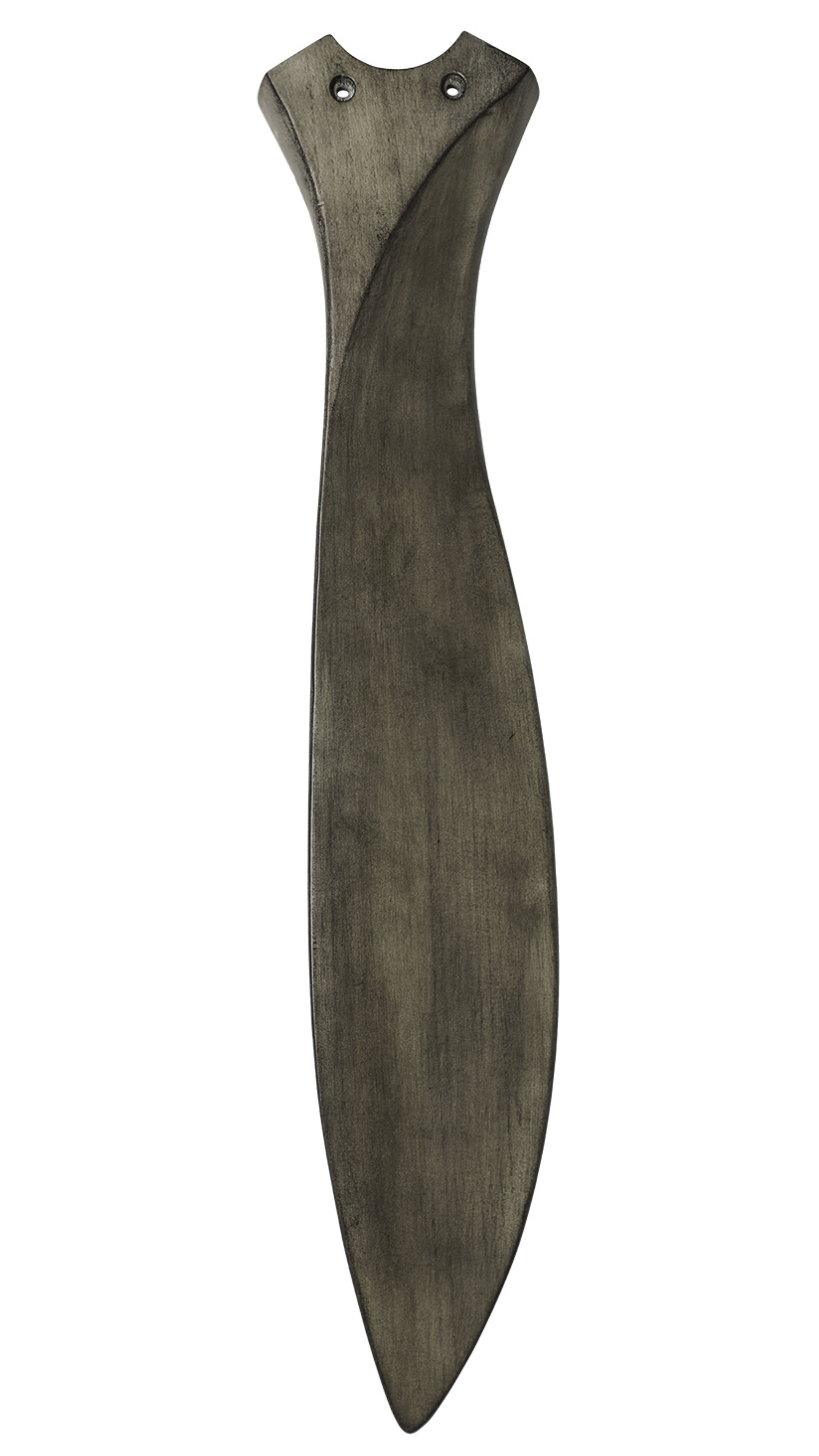 Una pala di ventilatore in legno marrone. Ha una forma curva.