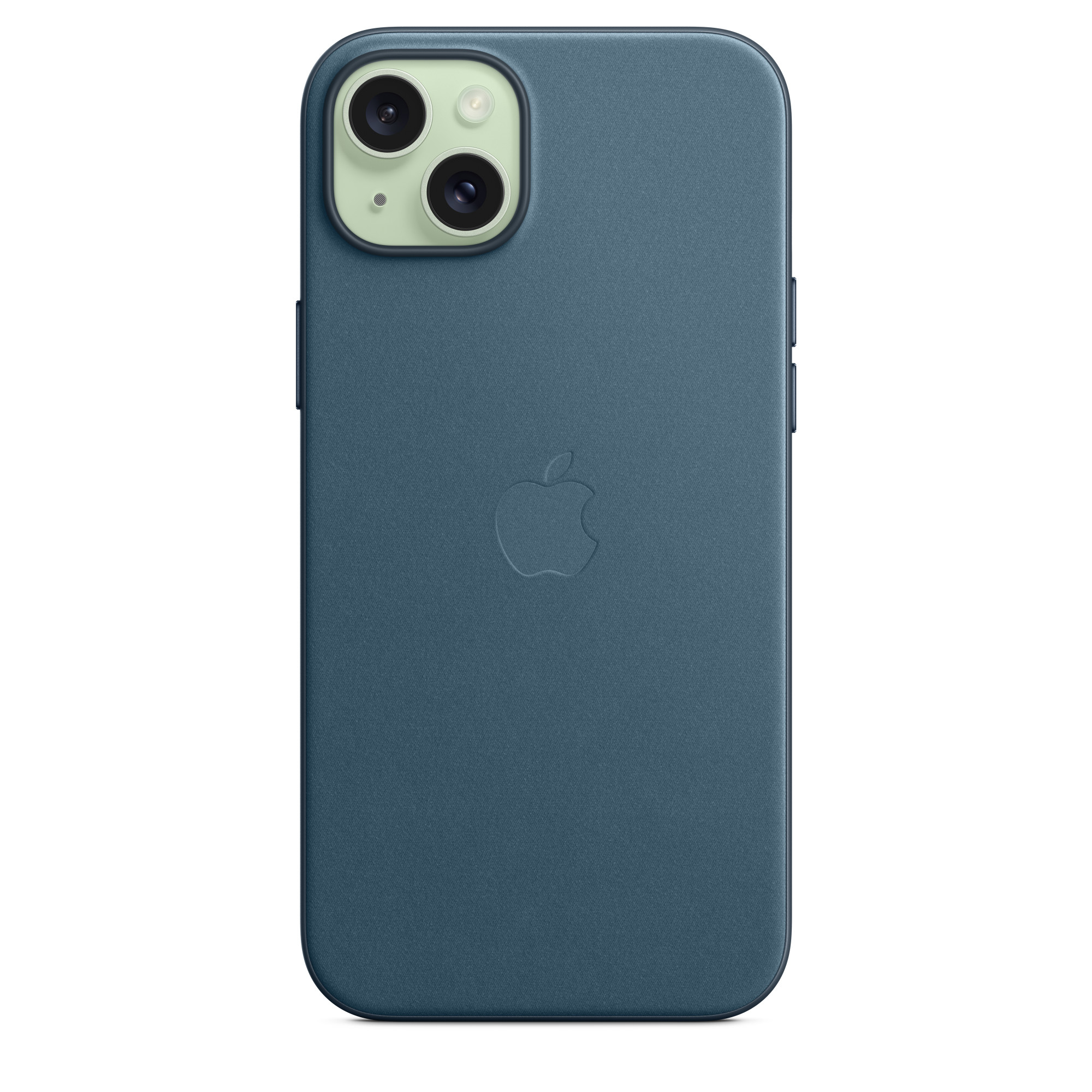 Blauwe iPhone met camerabult, Apple-logo. Het apparaat staat op een witte achtergrond.
