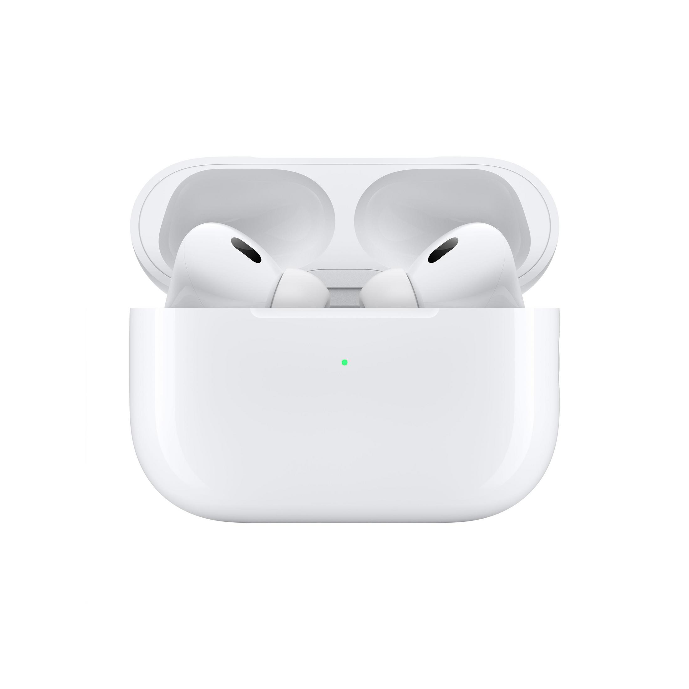 Weiße Apple AirPods Pro der 2. Generation, in ihrem offenen Ladecase.