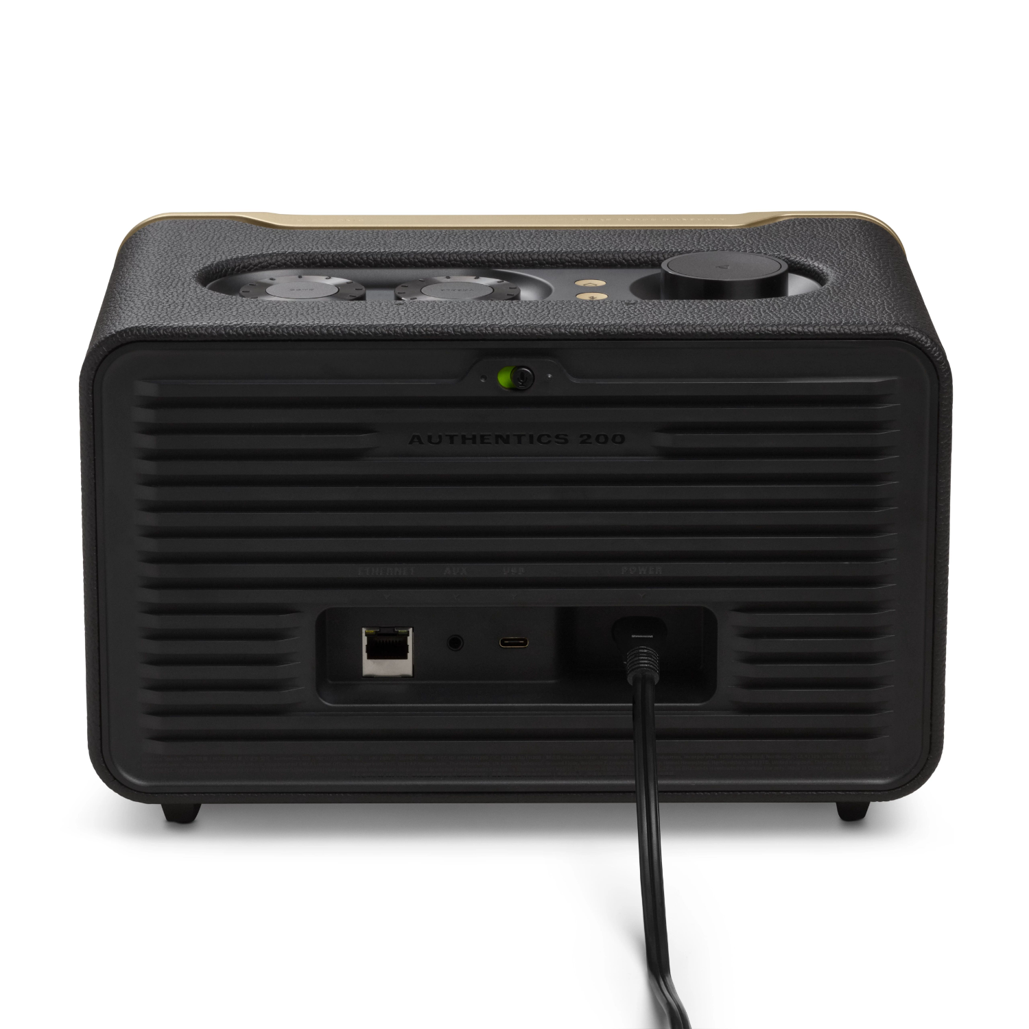 Czarny głośnik w stylu retro ze złotym wykończeniem, tylny panel z portami.