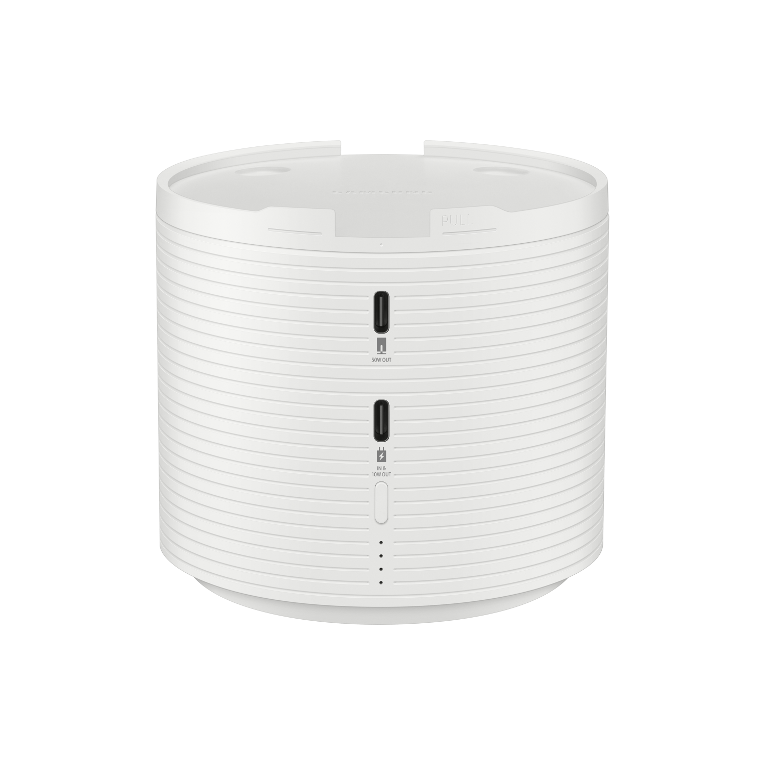 Dispositivo cilíndrico blanco con textura acanalada, dos puertos USB y tres luces indicadoras.