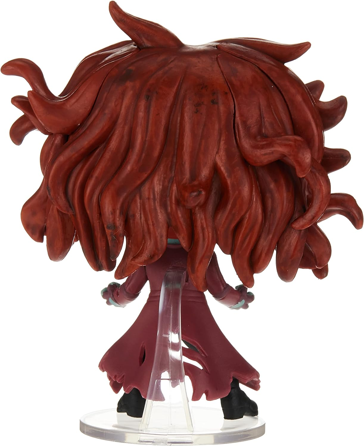 Rückansicht einer Spielfigur mit rotem Haar und einem weinroten Mantel auf einem klaren Ständer.