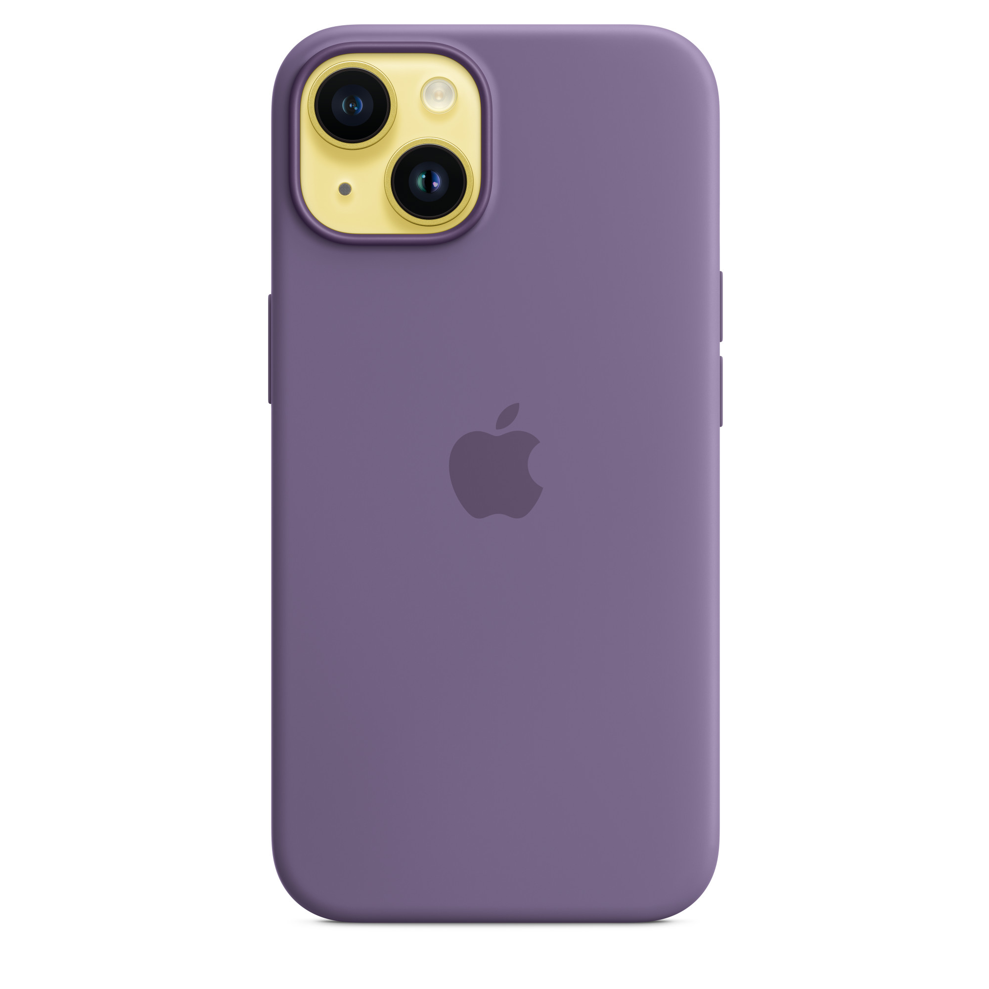 Fioletowe etui na iPhone'a z logo Apple. Aparat ma żółte kółko wokół obiektywów.