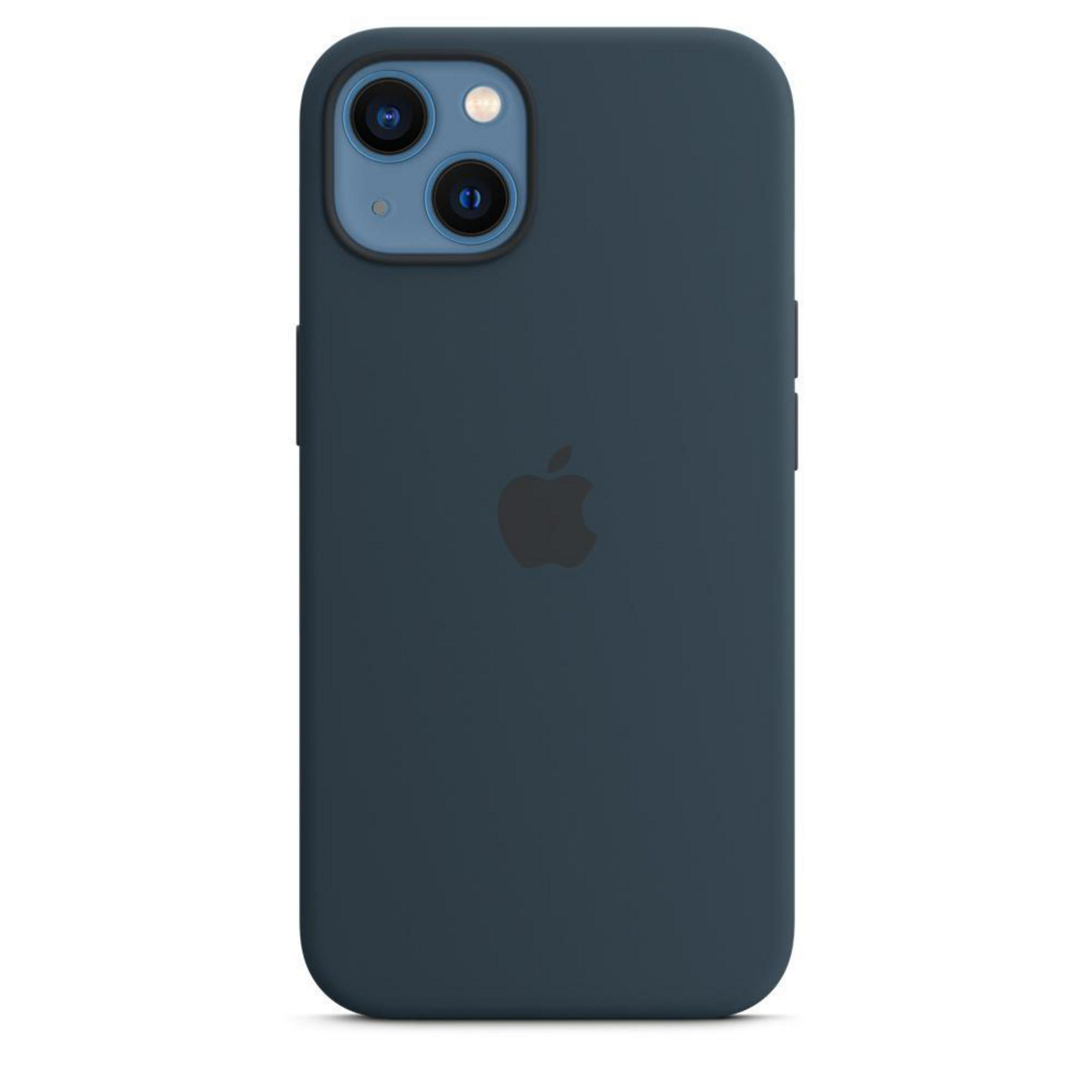 Coque de téléphone bleu marine sur fond blanc, avec logo Apple et disposition de la caméra visibles.
