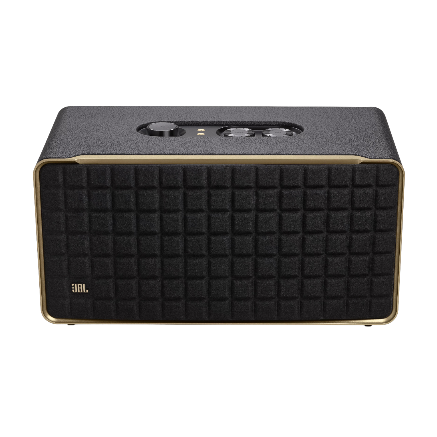 Altoparlante JBL nero e oro con motivo quadrato frontale su sfondo nero.