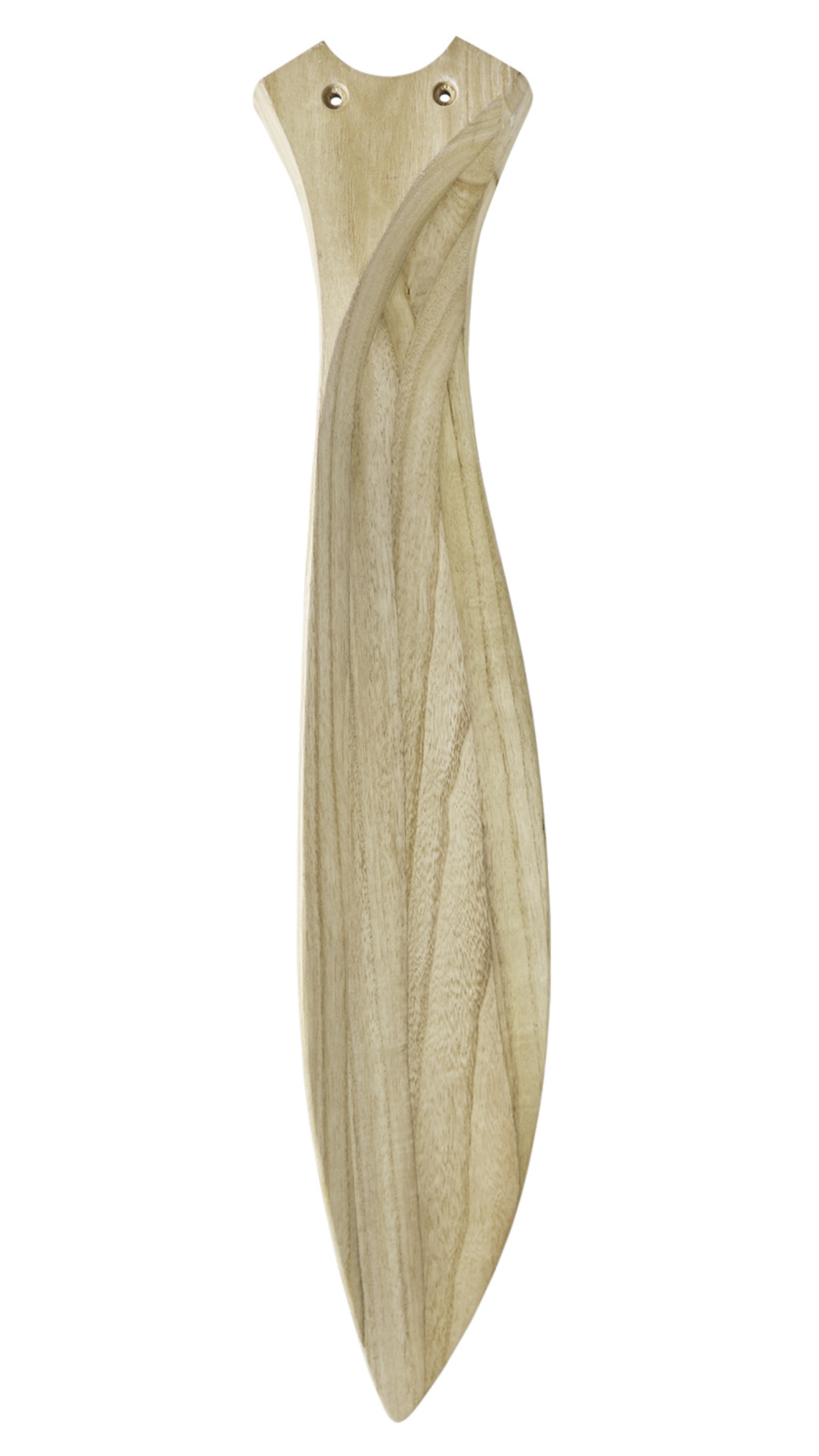 Pala di ventilatore in legno, marrone chiaro, con design curvo. Due fori in alto.