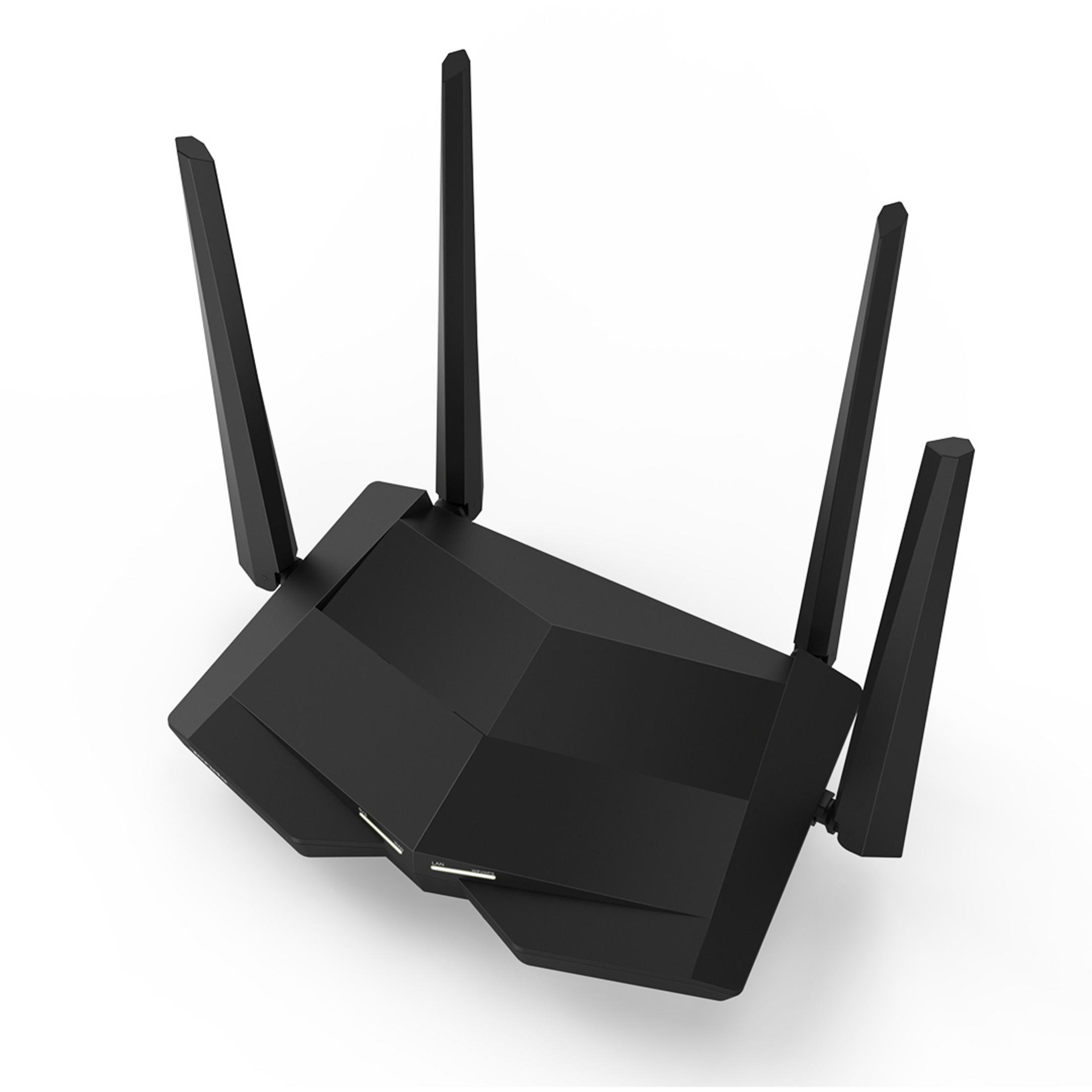 Un router nero con quattro antenne su sfondo bianco. Le antenne sono angolate.