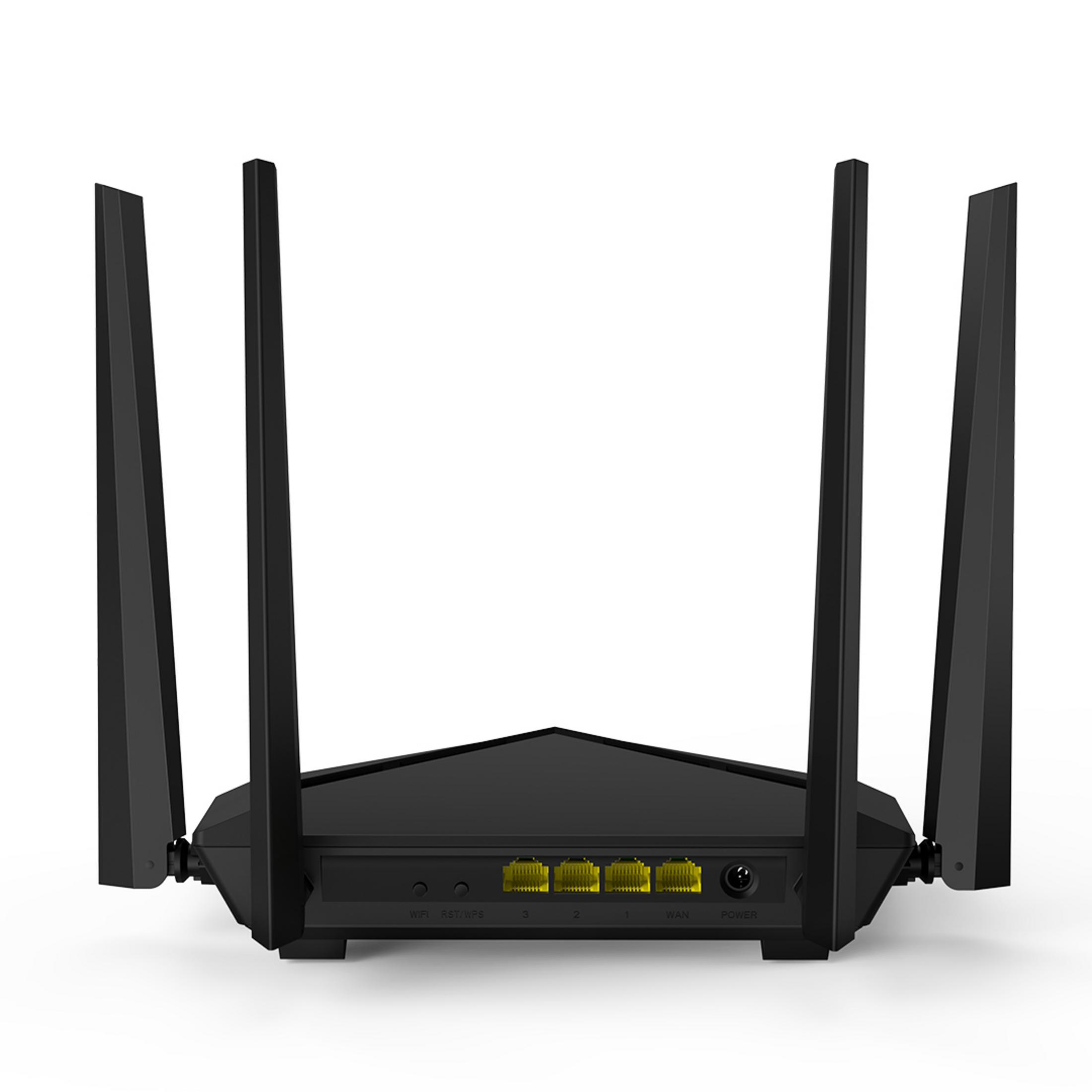 Router nero con quattro antenne, con porte per WAN, LAN e alimentazione, su sfondo bianco.