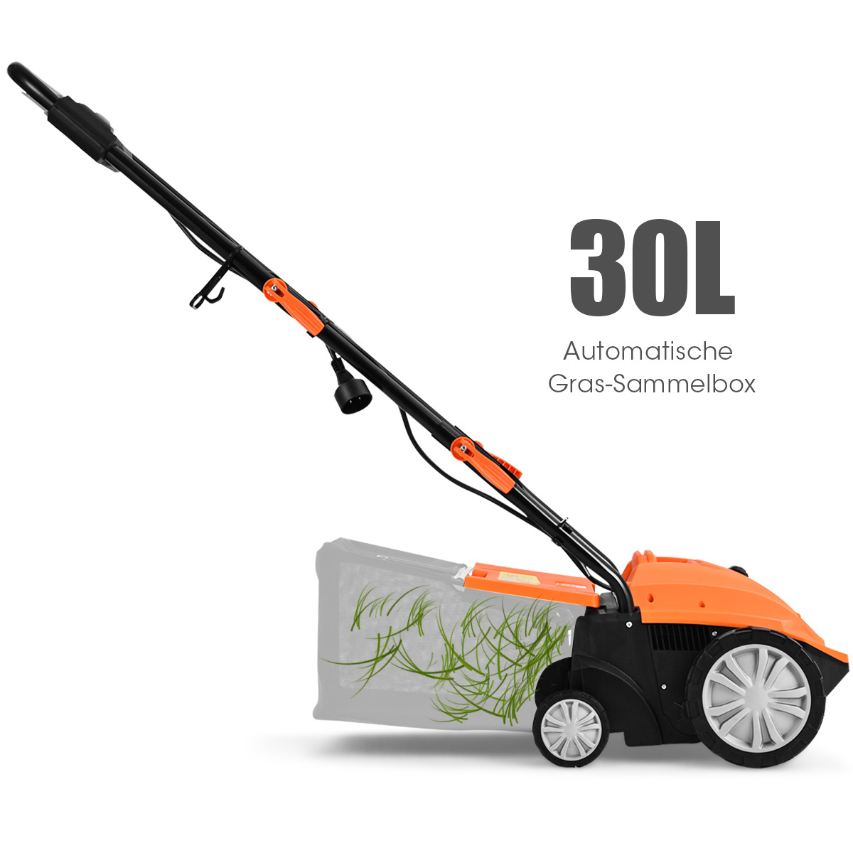 Ein orangefarbener und schwarzer Rasenlüfter mit einer 30L Grasfangbox.