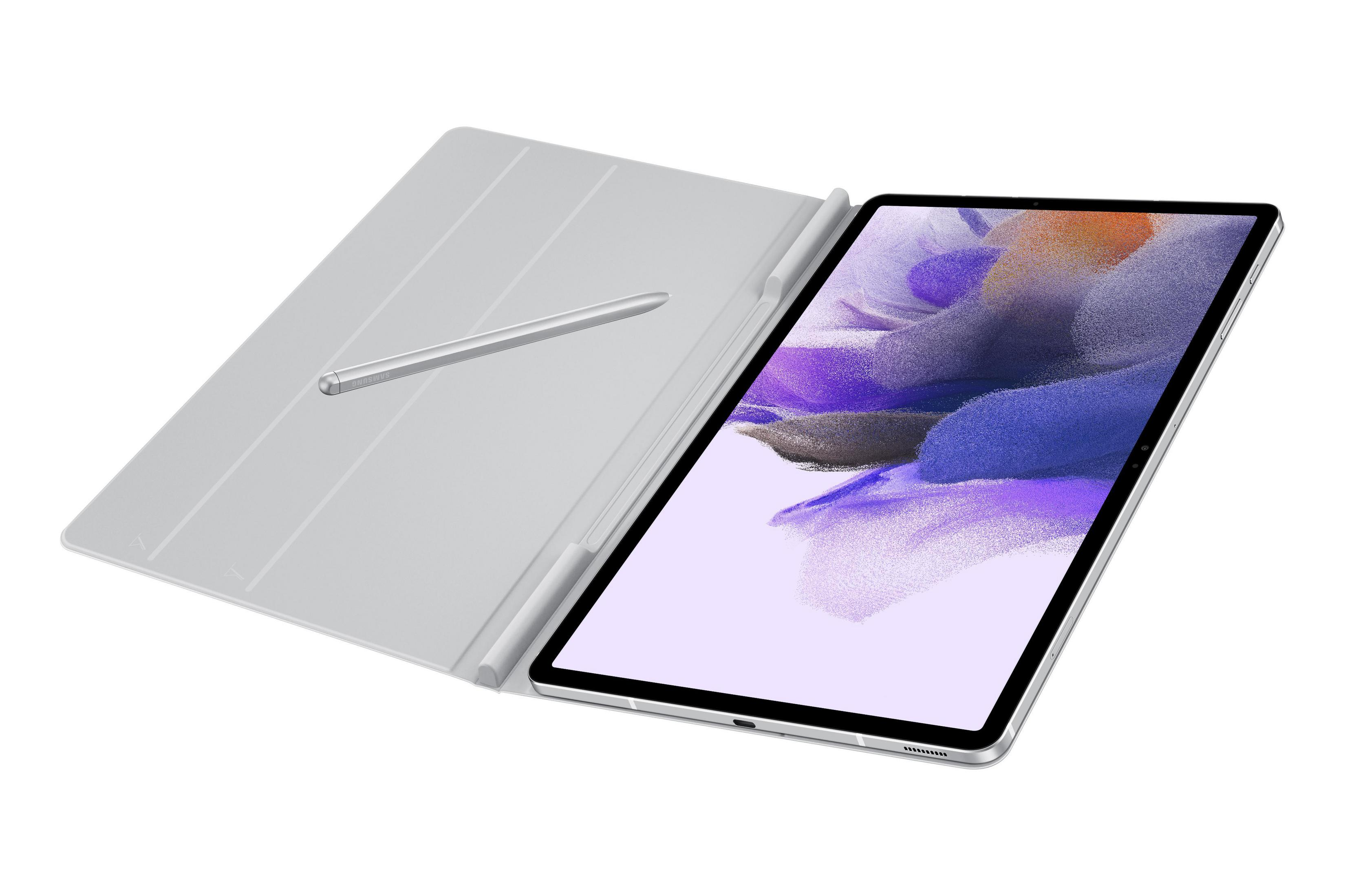 Un tablet con una penna e una cover, schermo che mostra un'immagine colorata.