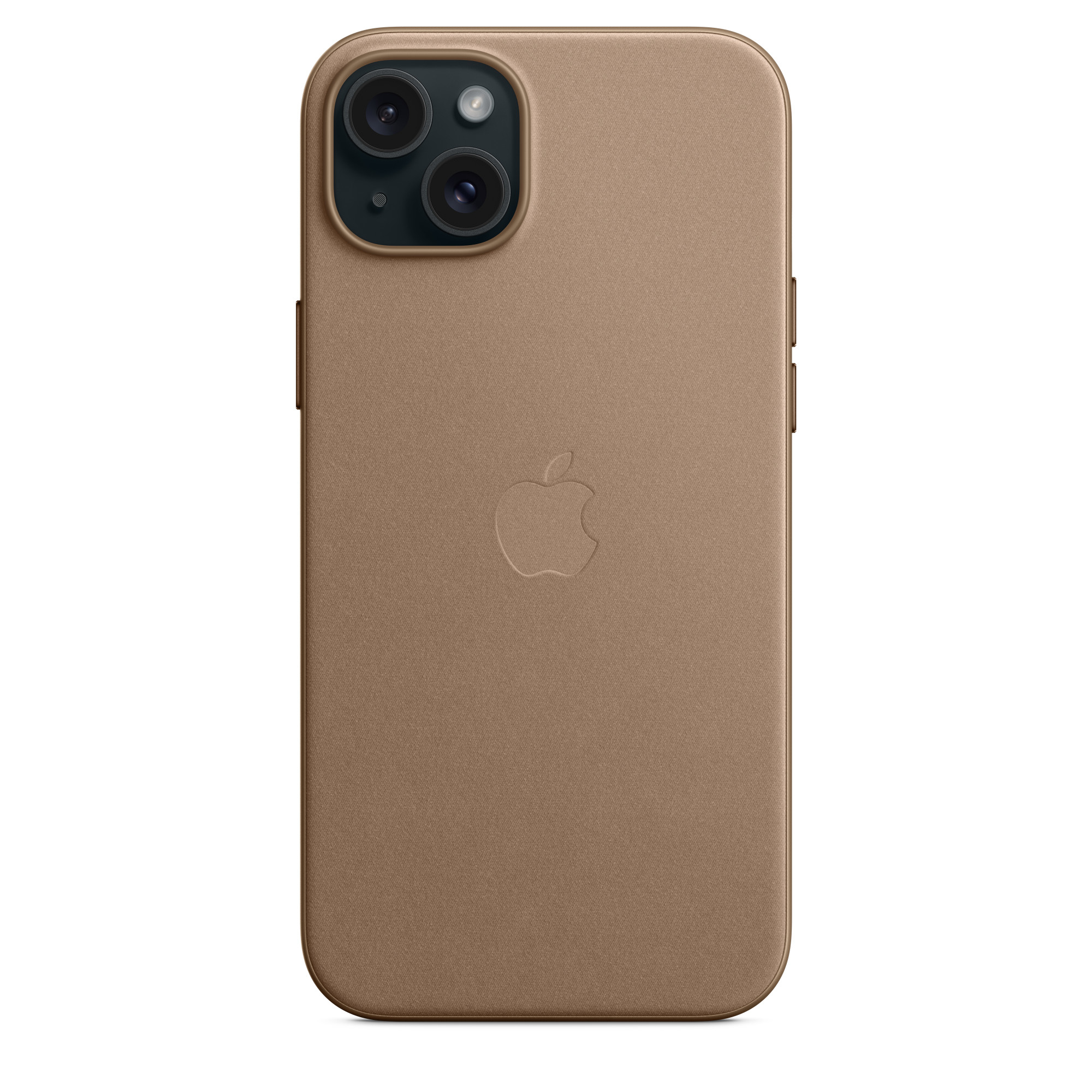 Bruin telefoonhoesje met het Apple-logo op de achterkant. De hoes zit op een telefoon.
