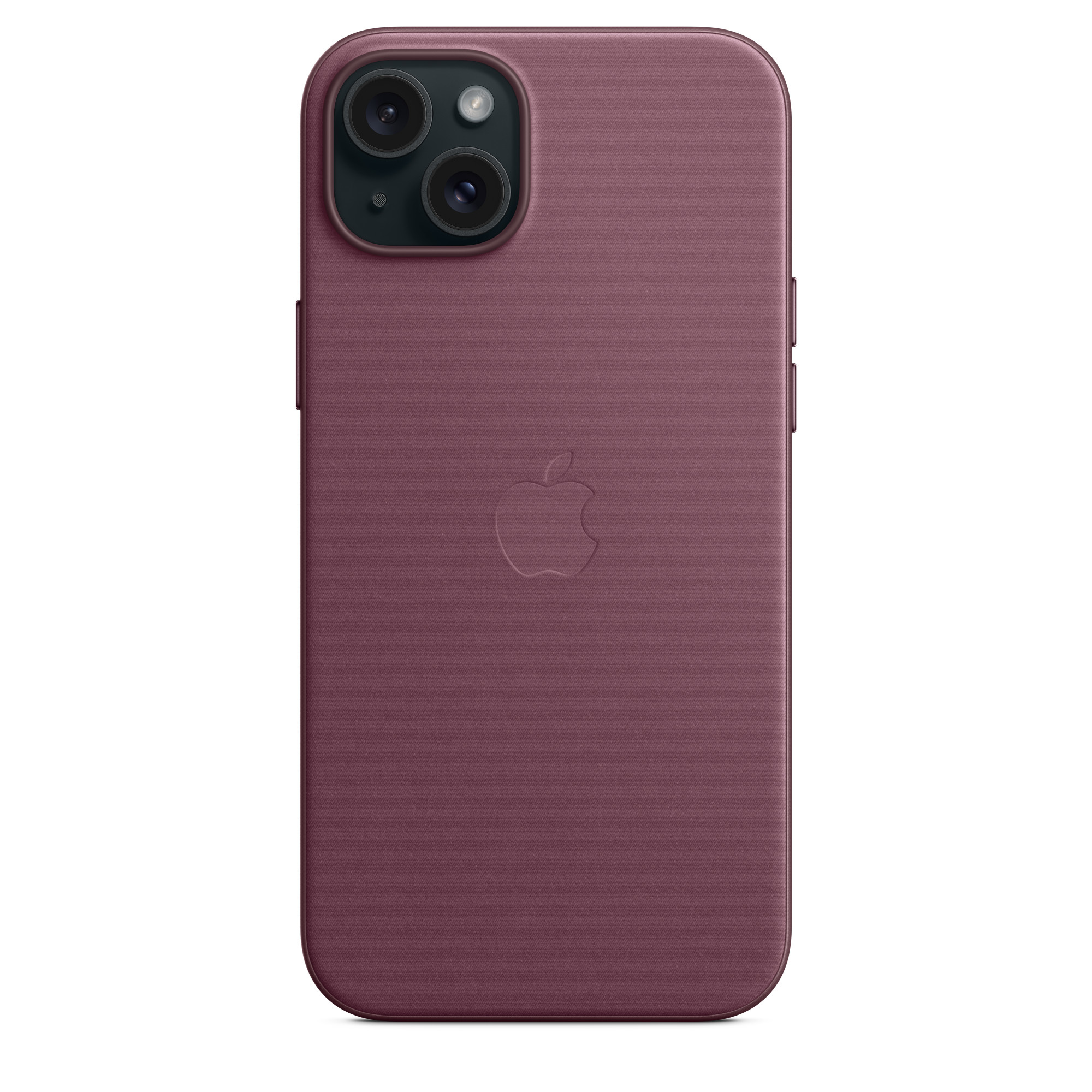 Een bordeauxrode iPhone met twee camera's en een Apple-logo op de achterkant.