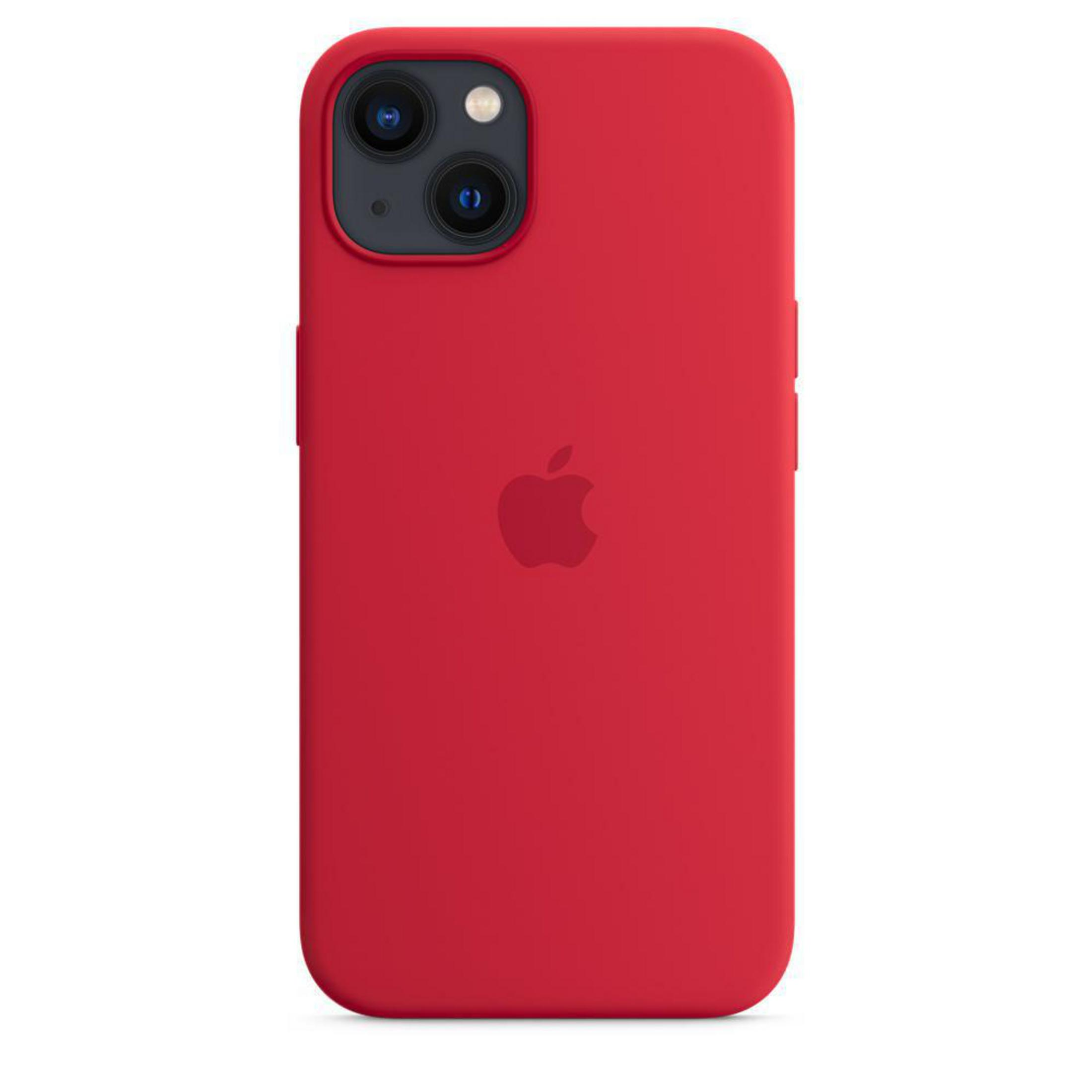 Rode iPhone-hoes met het Apple-logo op een witte achtergrond, close-up.