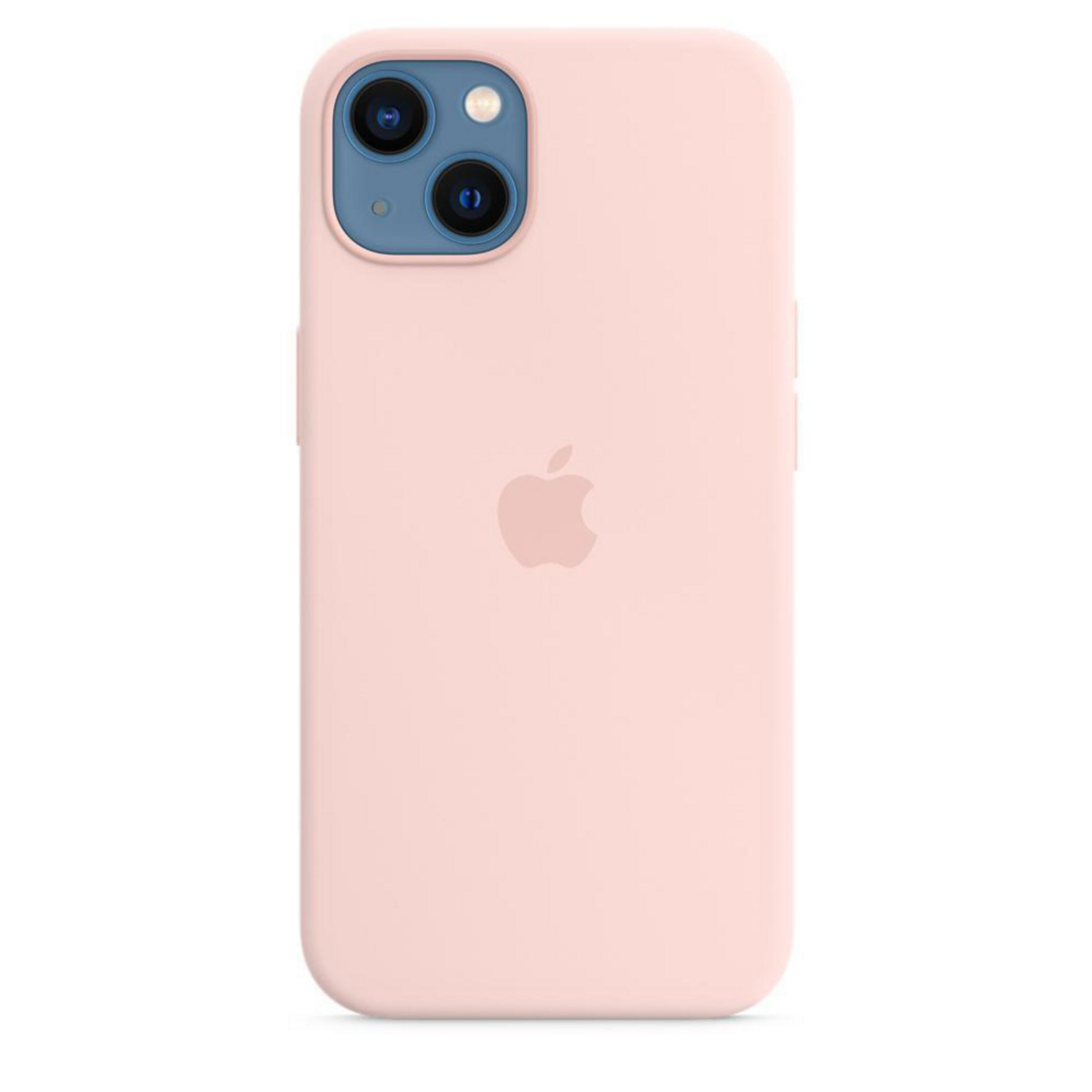 Coque de téléphone rose avec le logo Apple et trous pour l'appareil photo. Fond blanc.