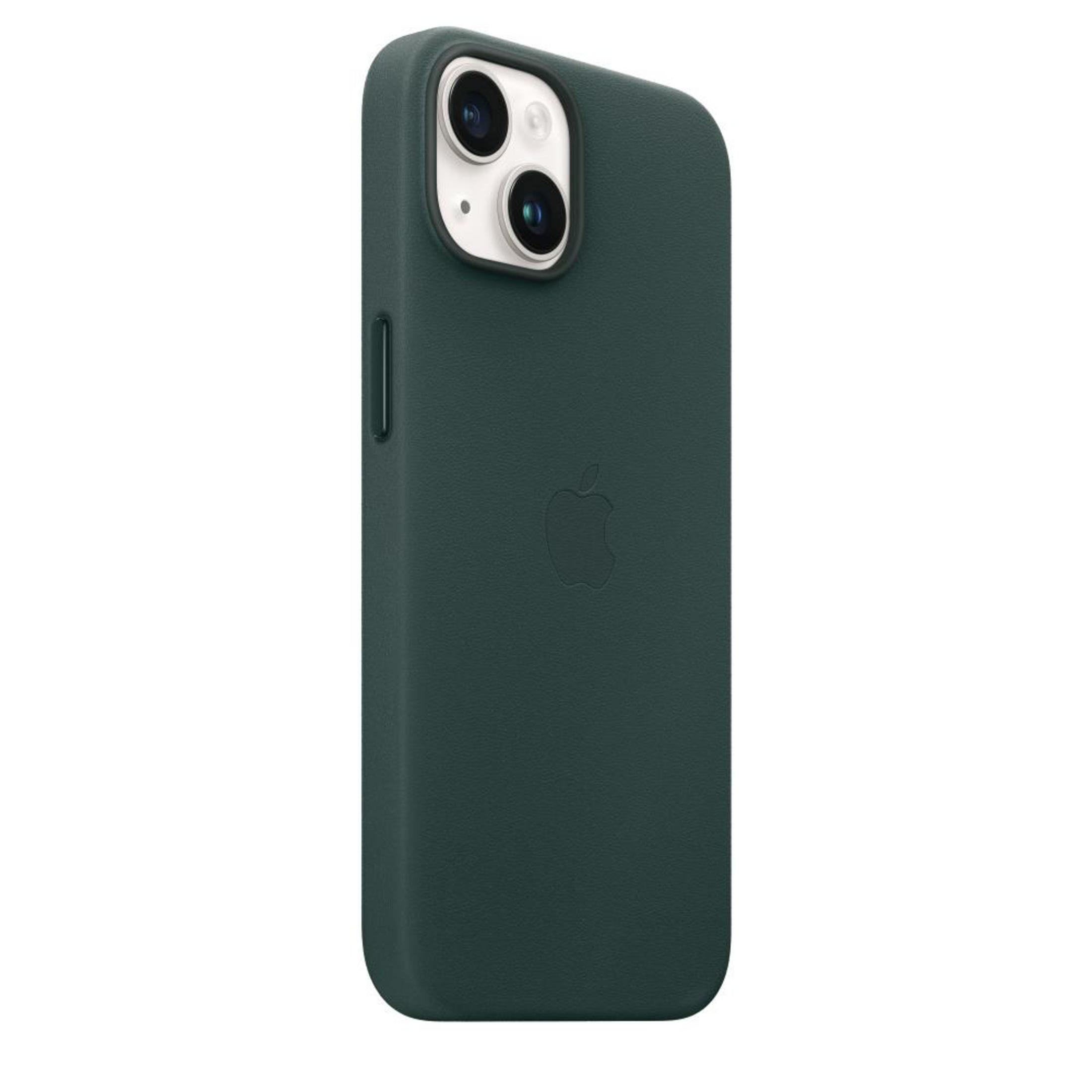 Dark green phone case. It features a camera cutout and an Apple logo. White background.