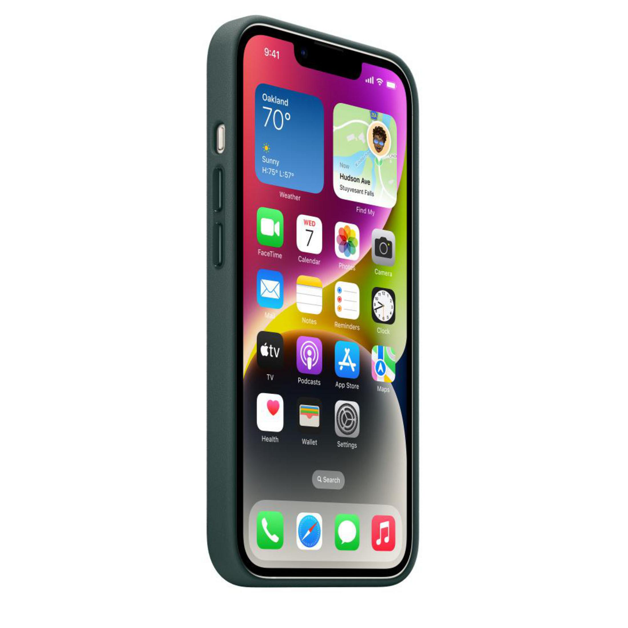 An iPhone in a green case displays its home screen, showing apps and weather information.