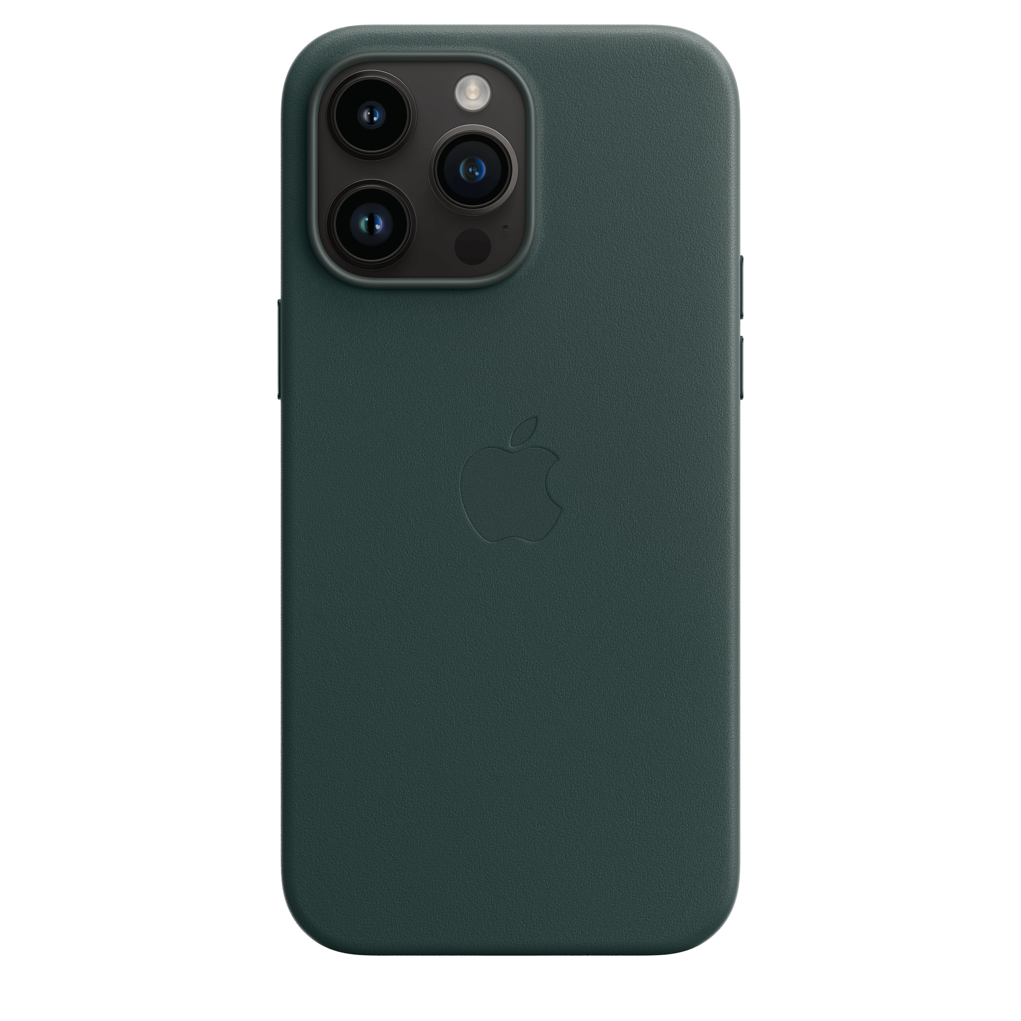 Een donkergroene telefoonhoes met een drievoudige camera-opstelling en een gecentreerd Apple-logo.