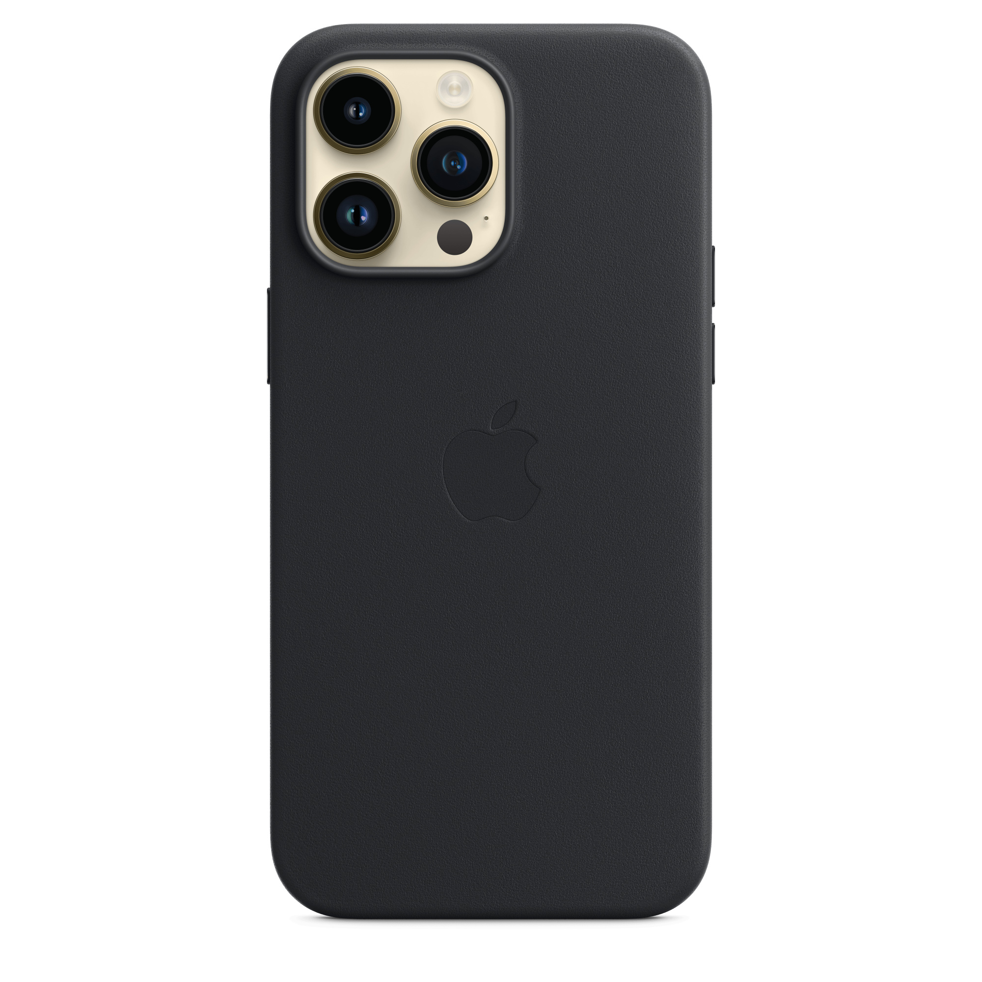 Een zwarte iPhone-hoes met drie cameralenzen op een witte achtergrond.