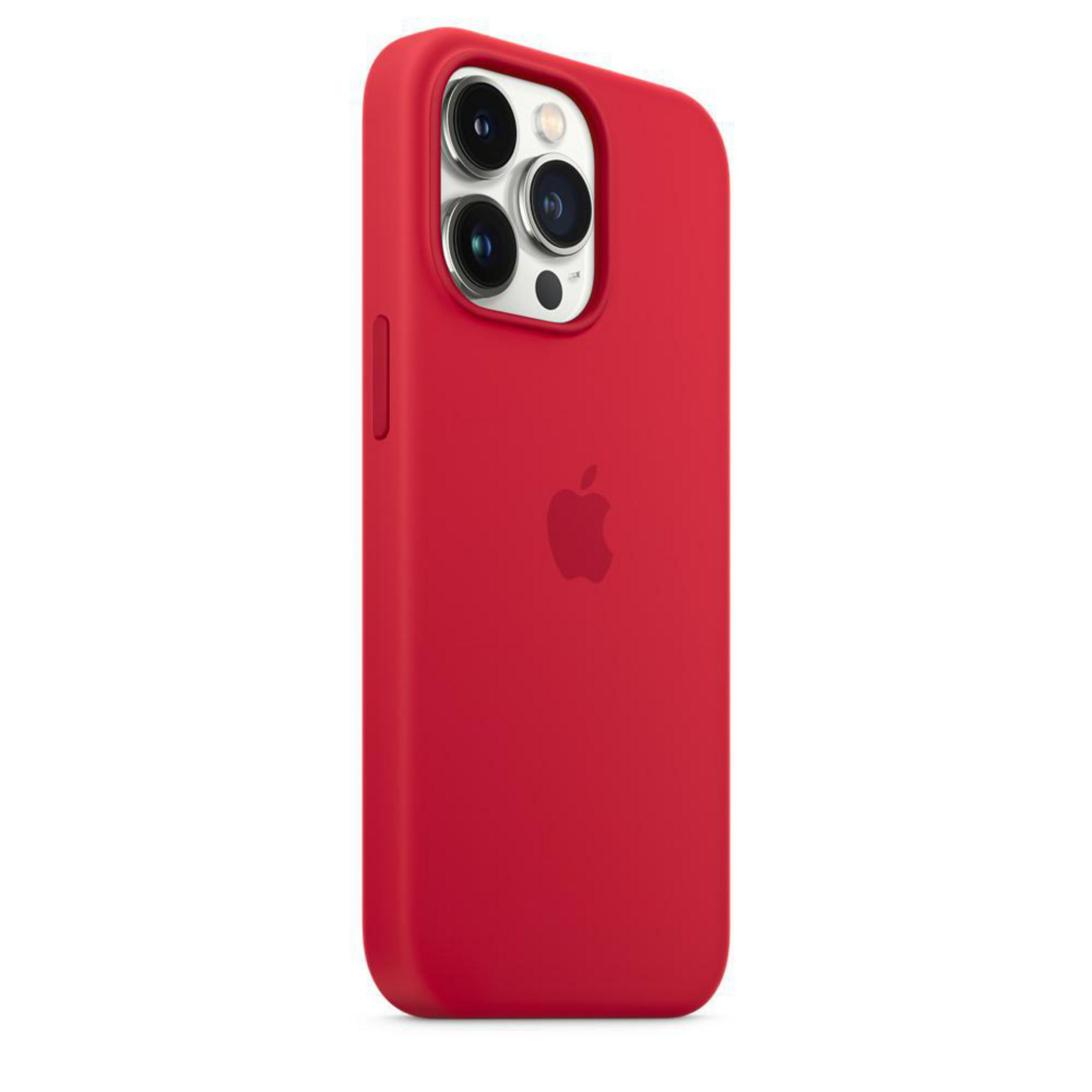 Rote Handyhülle mit Apple-Logo. Kamera-Erhebung sichtbar. Hülle ist einfarbig, leuchtend rot.