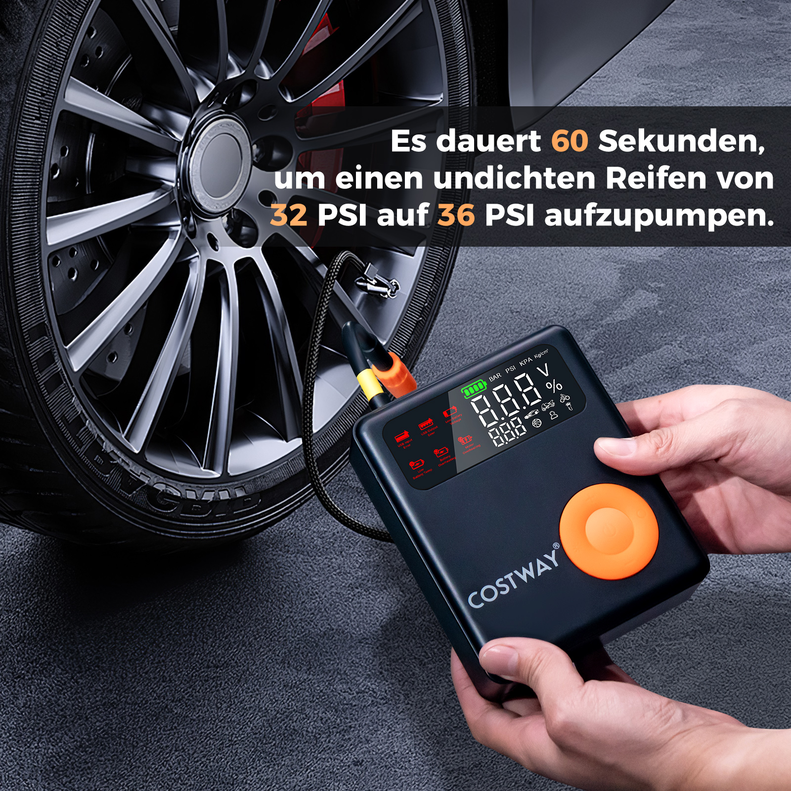 Ein Luftkompressor mit einem Reifen. Der Text besagt, dass er einen Reifen in 60 Sekunden von 32 auf 36 PSI aufpumpt.