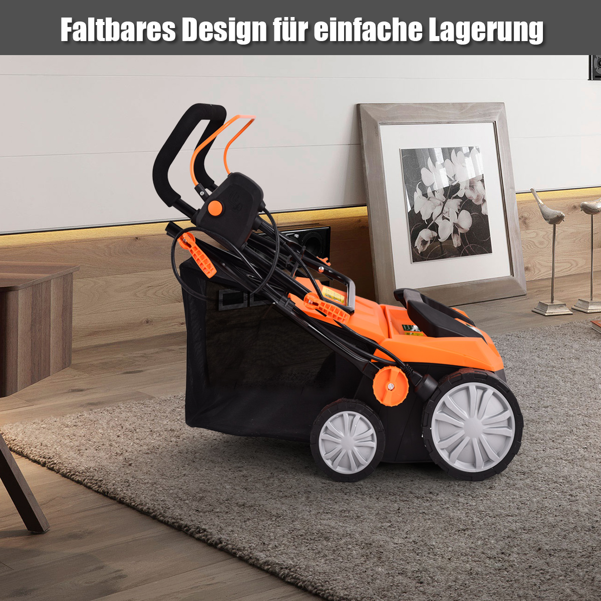 Orangener und schwarzer Rasenmäher auf einem Teppich, mit Text oben: "Faltbares Design für einfache Lagerung".