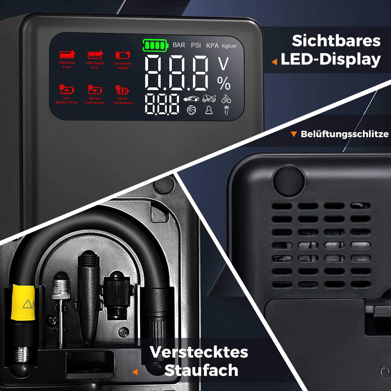 Digitalanzeige zeigt Spannung, Druck und andere Messwerte, schwarzes Gehäuse, Detailansichten.