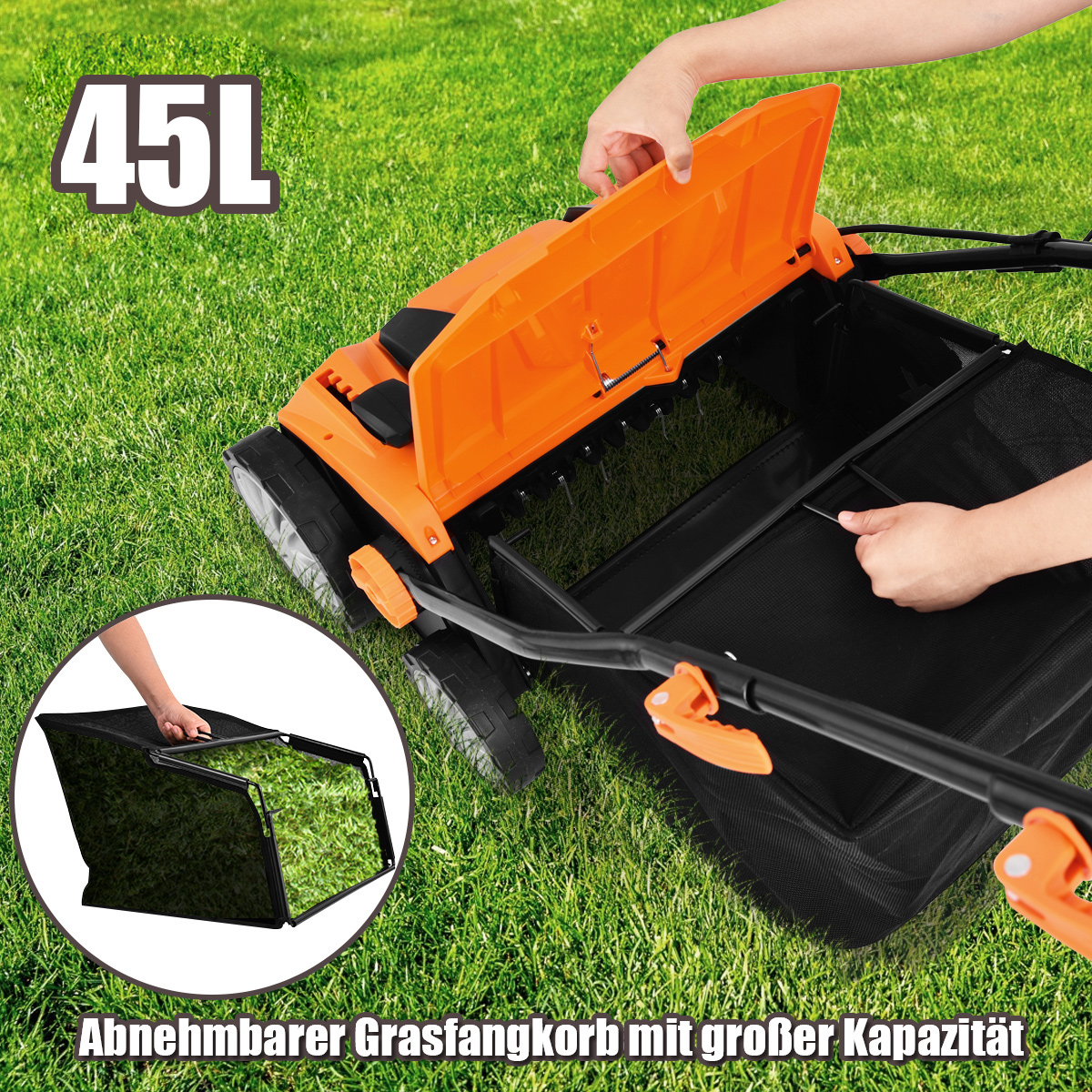 Ein Rasenmäher mit abnehmbarem Grasfangkorb wird von einer Person bedient. Text: Abnehmbarer Grasfangkorb.