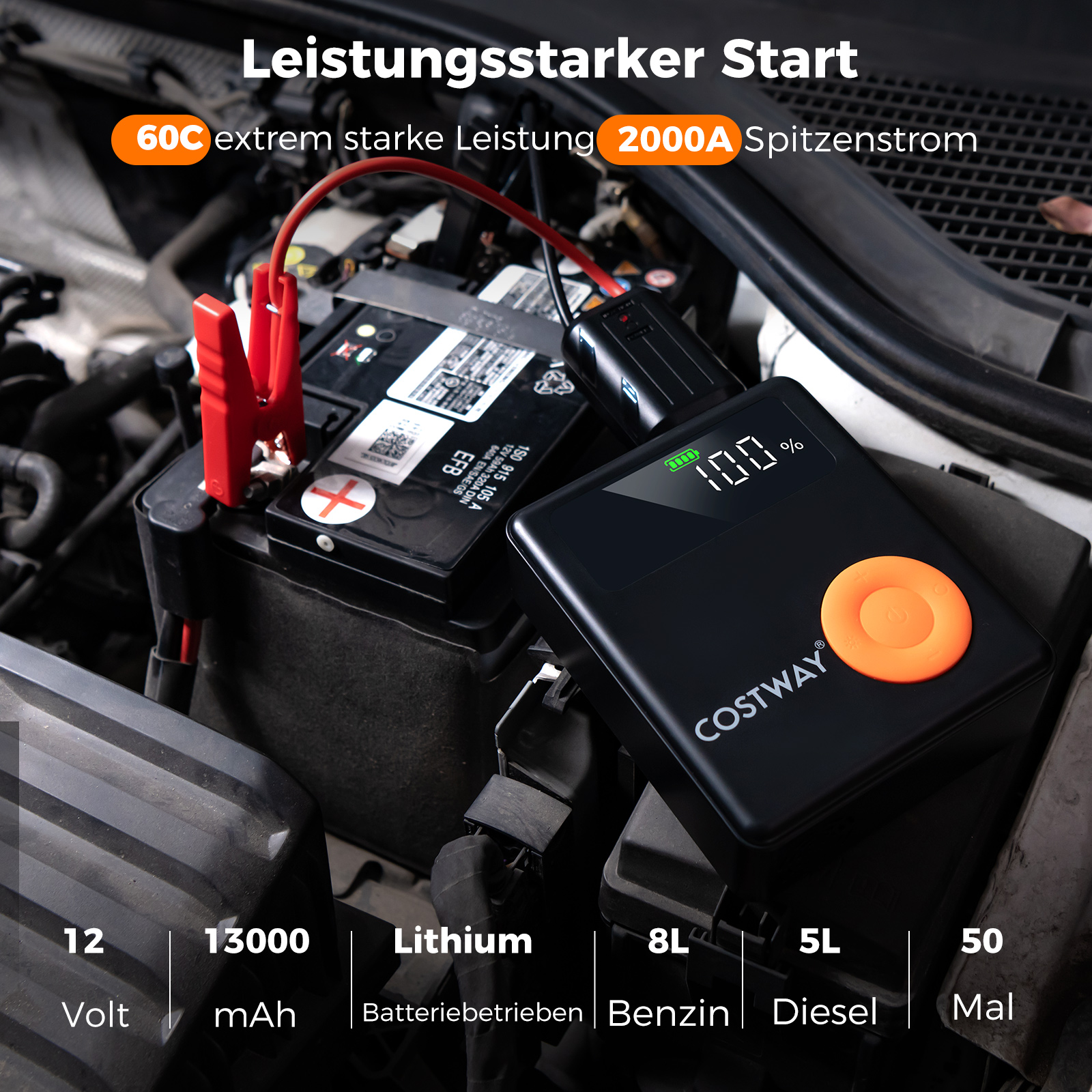 Ein Automotor mit angeschlossenem Starthilfegerät, Batterie und schwarzem Gerät mit orangefarbenem Knopf.