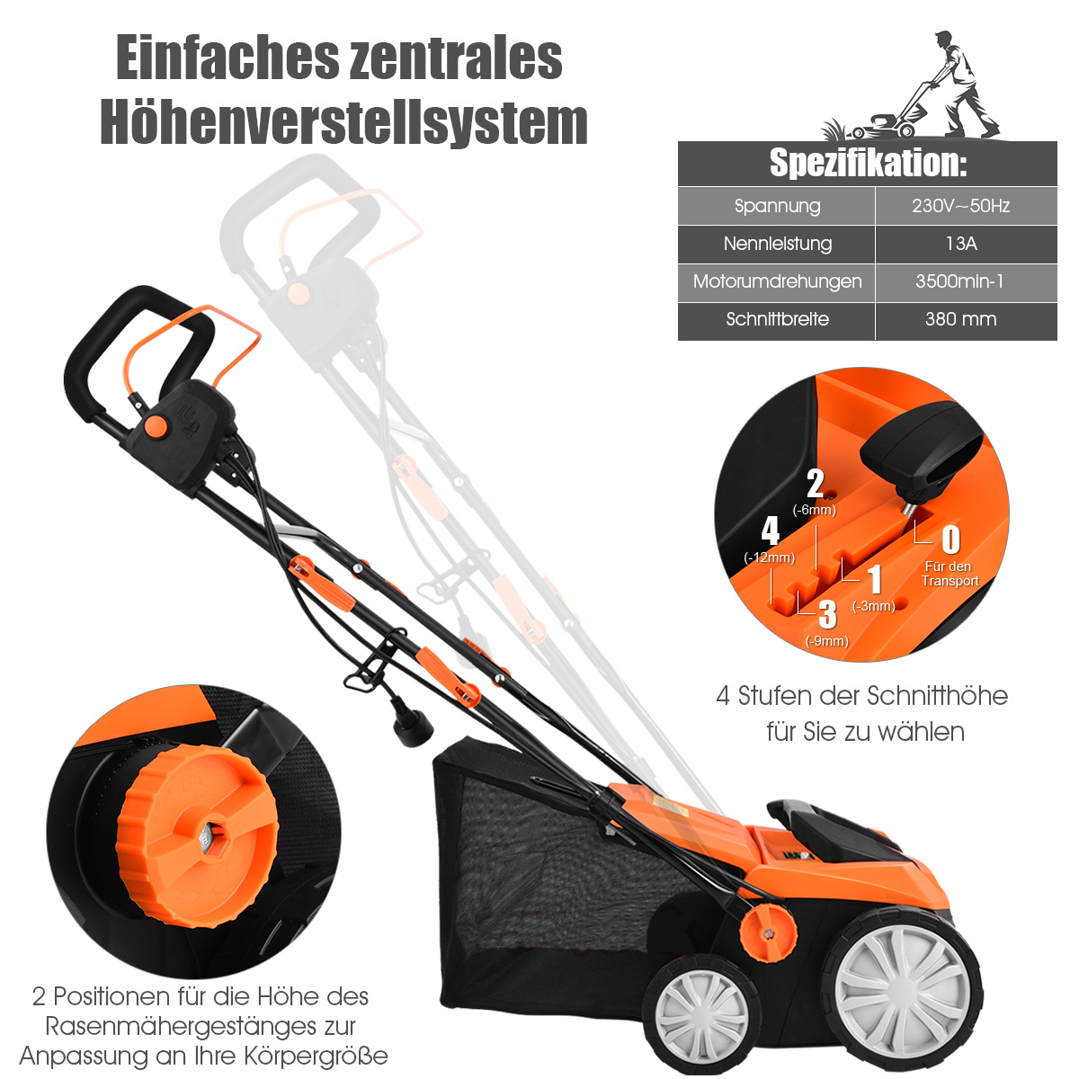 Orangener und schwarzer Rasenmäher mit Einstellungsmöglichkeiten und einem Beutel, auf weißem Hintergrund.
