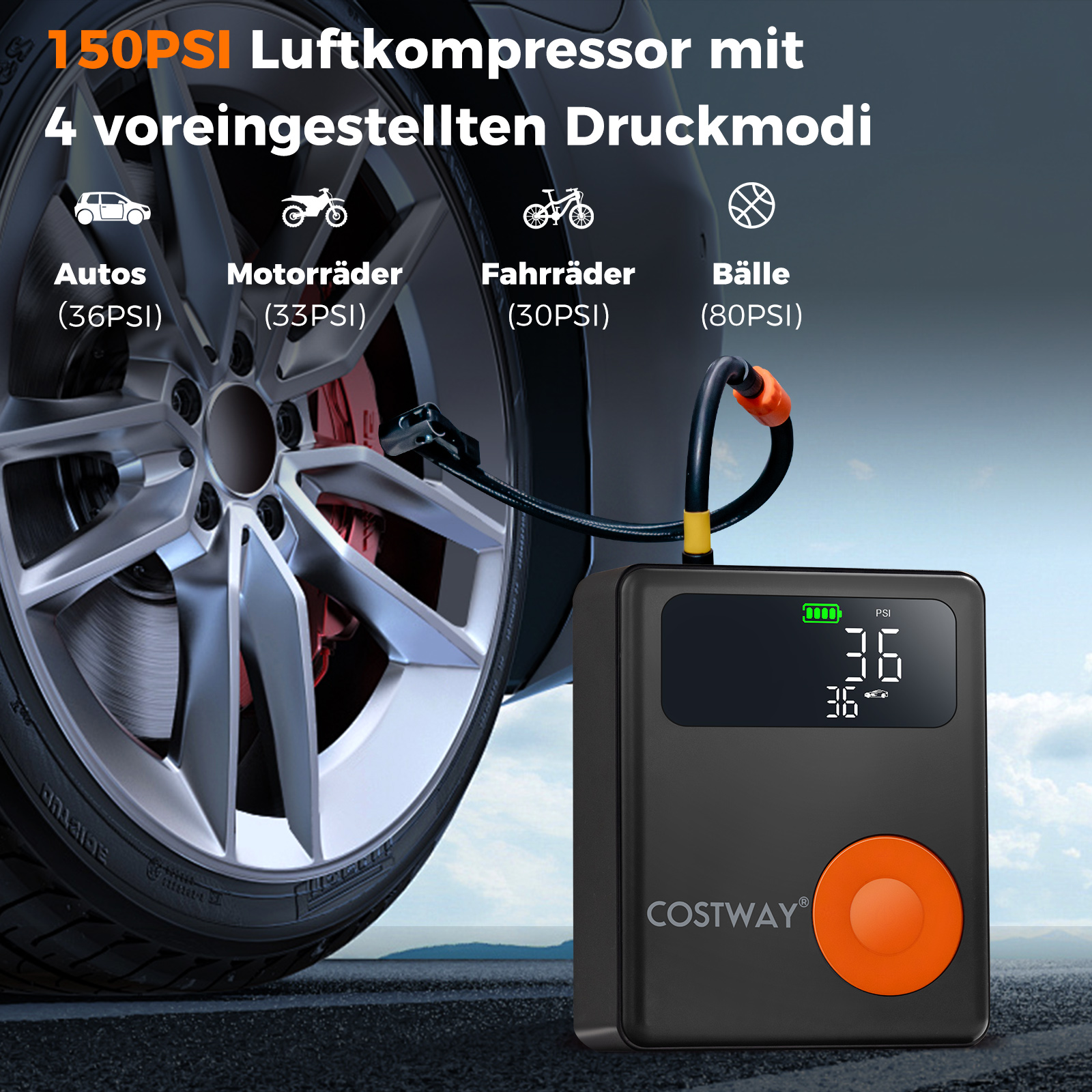 Ein schwarzer Luftkompressor mit digitaler Anzeige und orangefarbenem Bedienknopf.