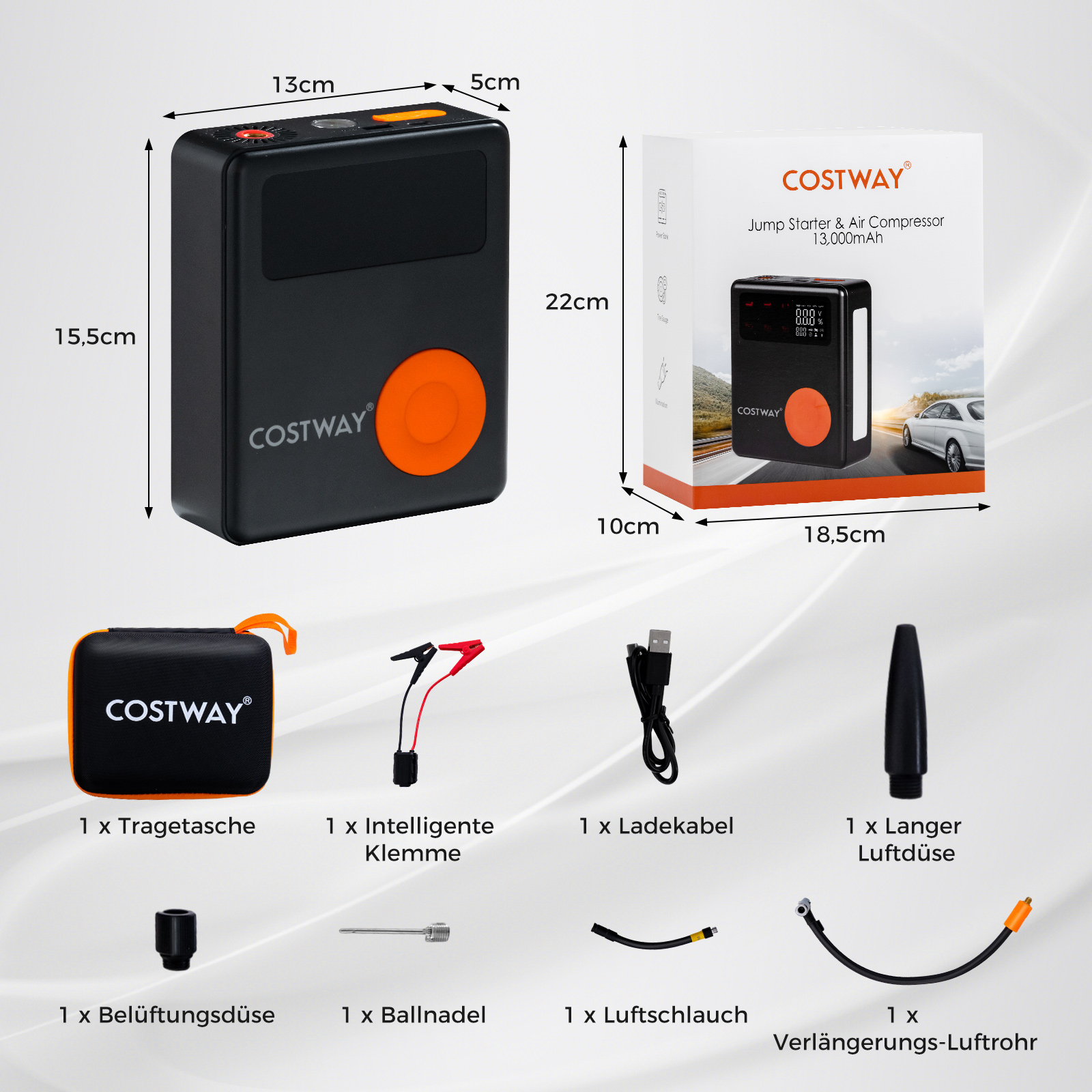 Schwarz-oranges Starthilfe- und Luftkompressor-Kit mit Zubehör und Abmessungen.