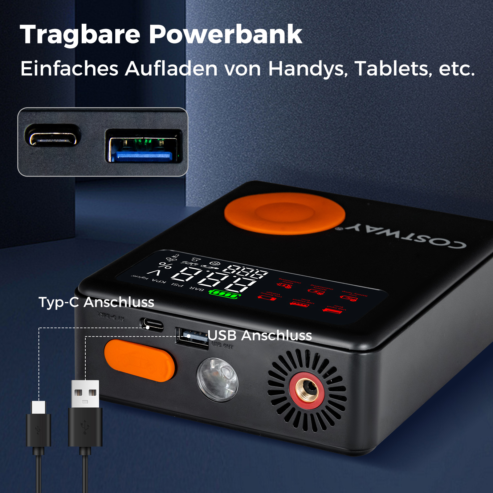 Eine schwarze tragbare Powerbank mit digitaler Anzeige, die Batteriedaten anzeigt.