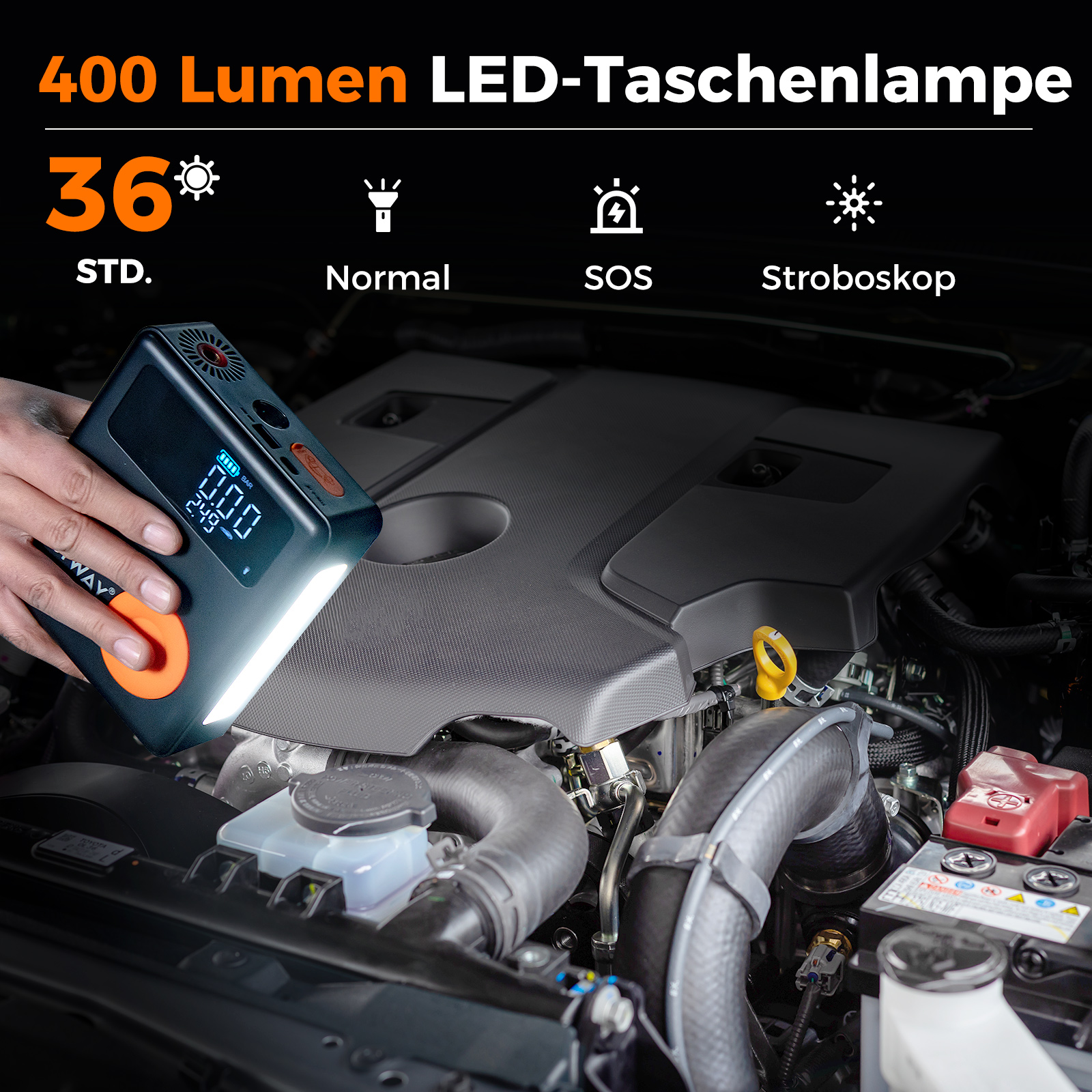 LED-Taschenlampe mit Digitalanzeige und einem Automotor im Hintergrund. Text: 400 Lumen LED.