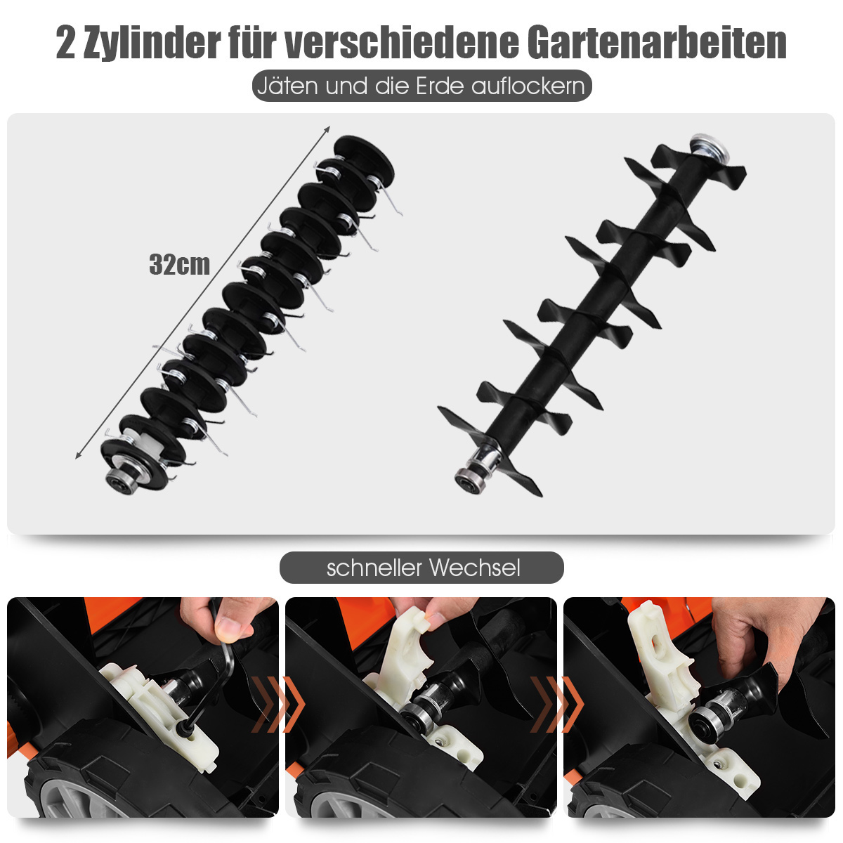 Zwei schwarze Rasenlüfterklingen und Wechselschritte werden auf weißem Hintergrund mit deutschem Text angezeigt.