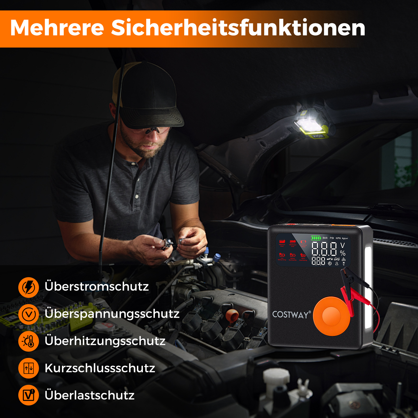Ein Mann arbeitet mit einem Batterieladegerät an einem Automotor. Text: Mehrere Sicherheitsmerkmale.