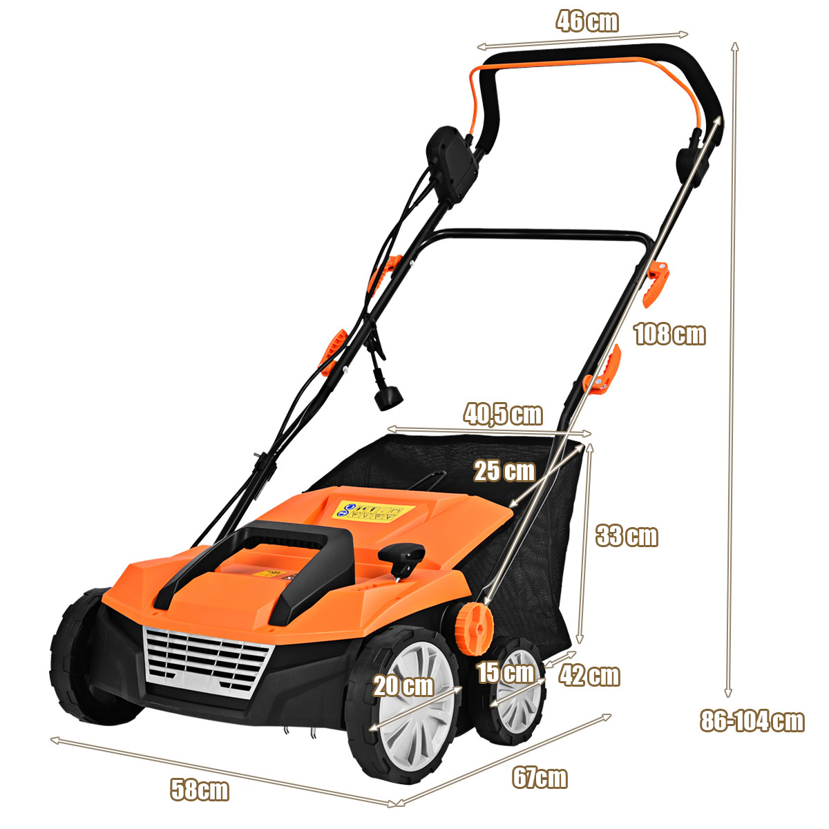 Ein orangefarbener Rasenmäher mit schwarzen Details, beschrifteten Abmessungen und einem schwarzen Beutel.