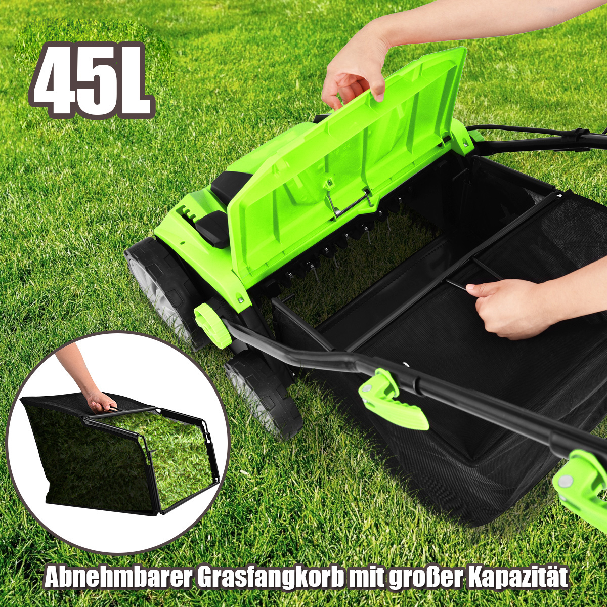 Grüner Rasenmäher, mit angebrachtem Korb. Der Hintergrund ist ein grüner Rasen.