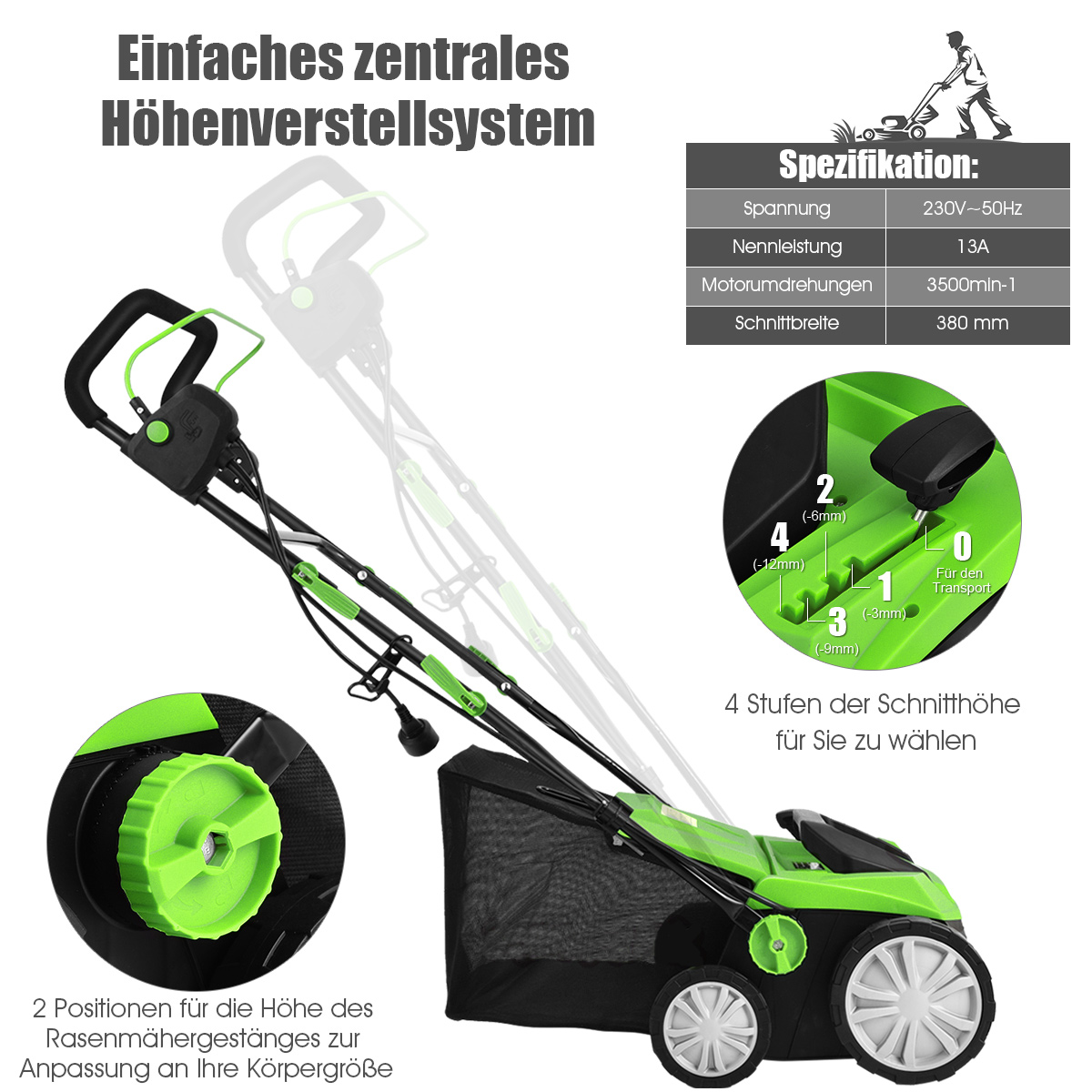 Grüner und schwarzer Rasenmäher, technische Details und Spezifikationen.