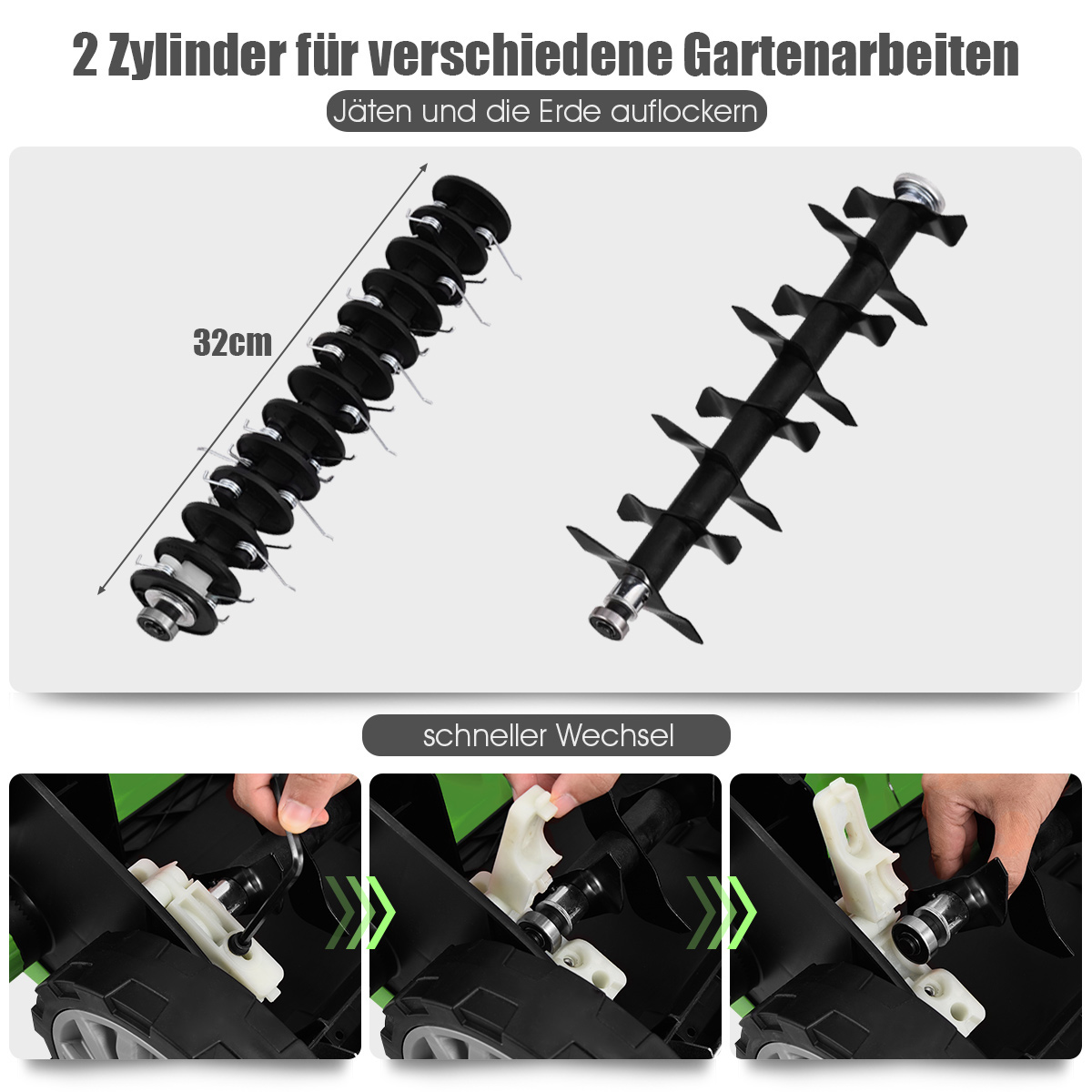 Zwei Gartengeräte mit austauschbaren Teilen. Das Bild zeigt, wie man sie entfernt und ersetzt.