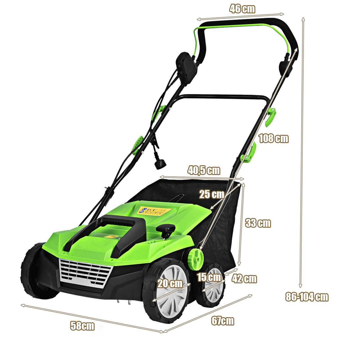 Grüner Rasenmäher mit Maßangaben: 58cm, 67cm, 86-104cm, 46cm, 40,5cm, 25cm, 33cm, 15cm, 42cm, 20cm.