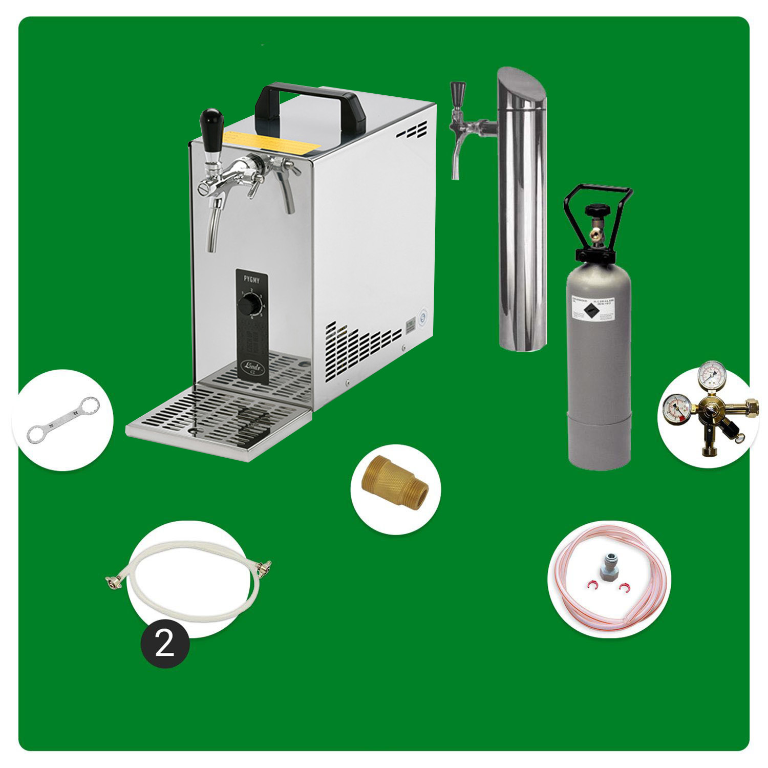 Bierzapfanlage mit Komponenten: Zapfhähne, Regler, CO2-Tank, Schläuche und Werkzeuge auf grün.