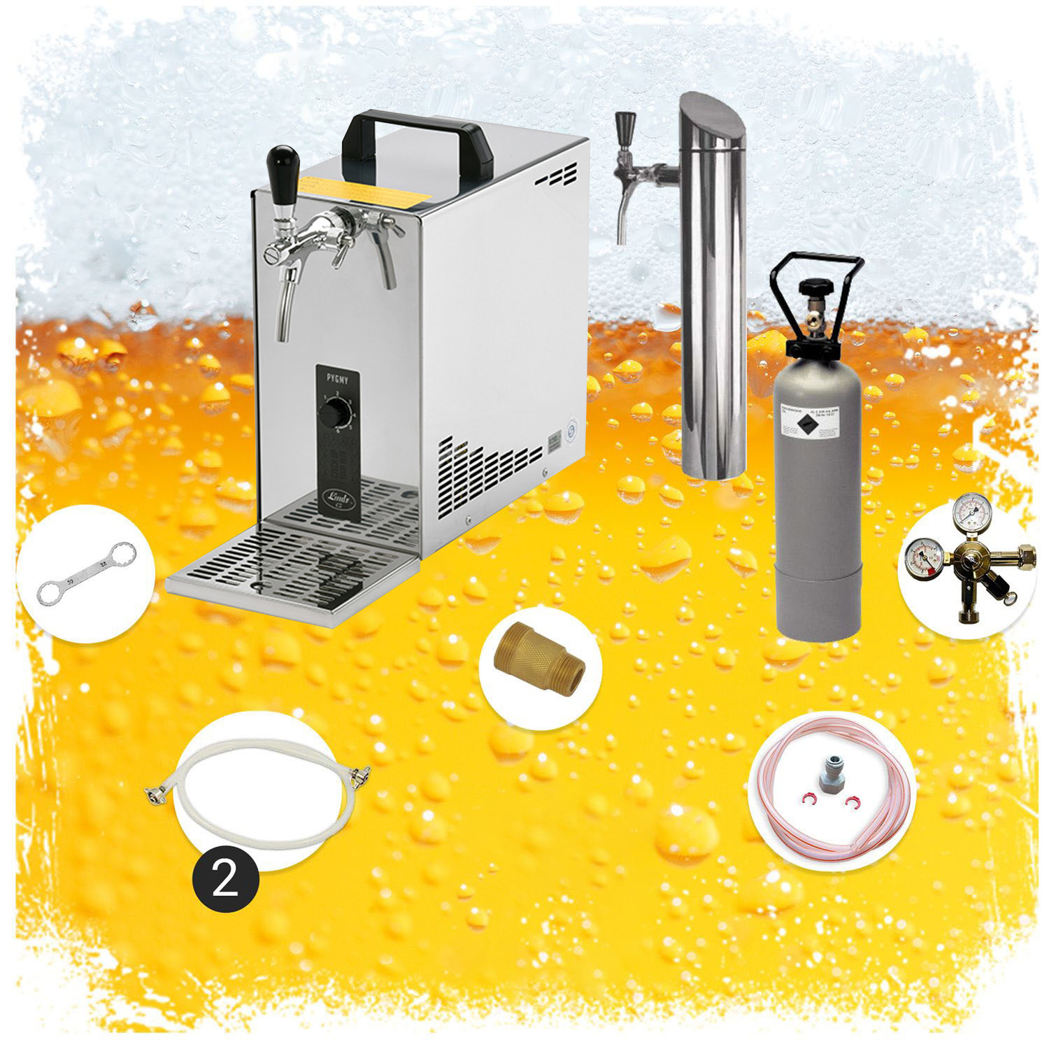 Bierbrau-Ausrüstung: ein Zapfsystem, ein CO2-Tank und diverses Zubehör auf gelbem Hintergrund.